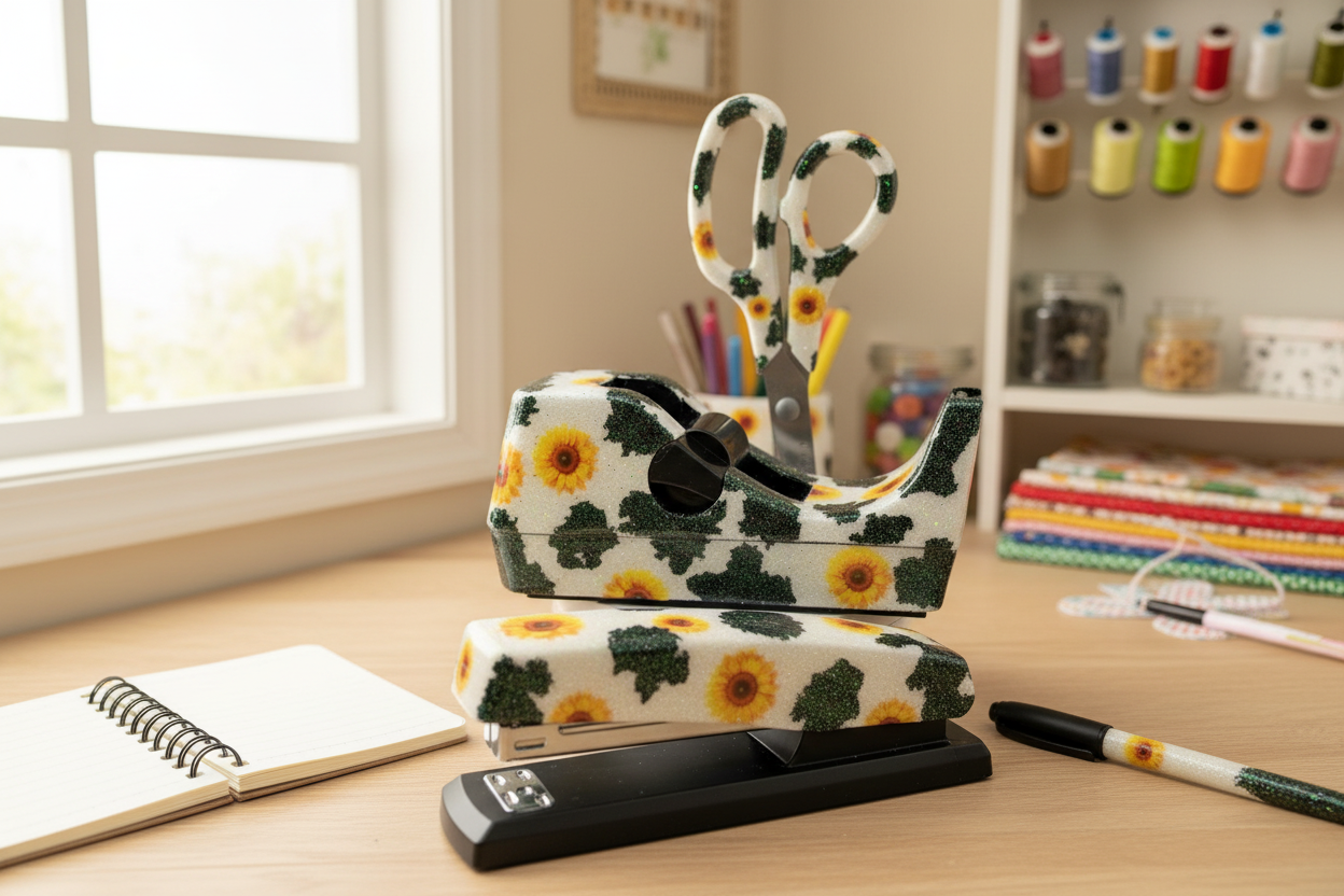 Glitter Cow print and Sunflower Desk Set in Craft Room Setting