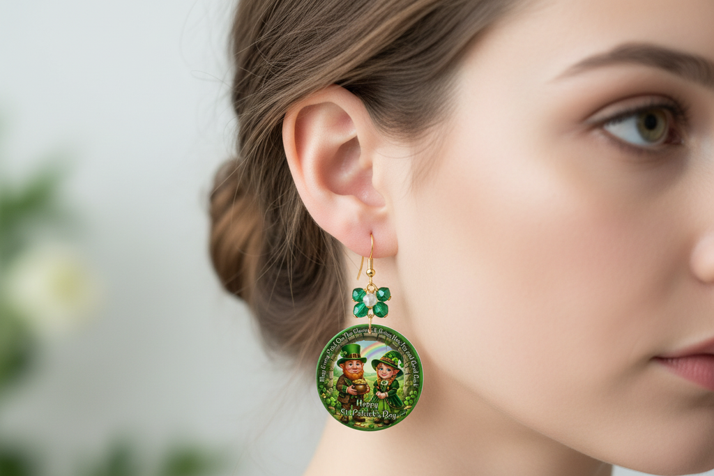 Happy St. Patrick's Day Leprechaun Couple Earrings on person with beads