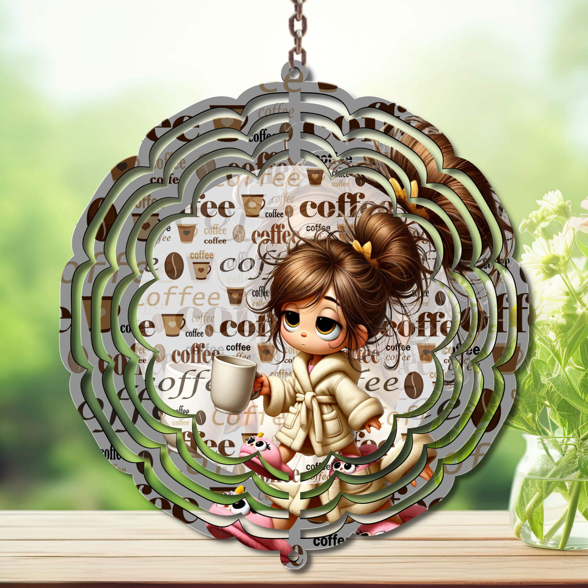Caffeine in the Wind Spinner. Aluminum Metal Wind Spinner, multiple images available.