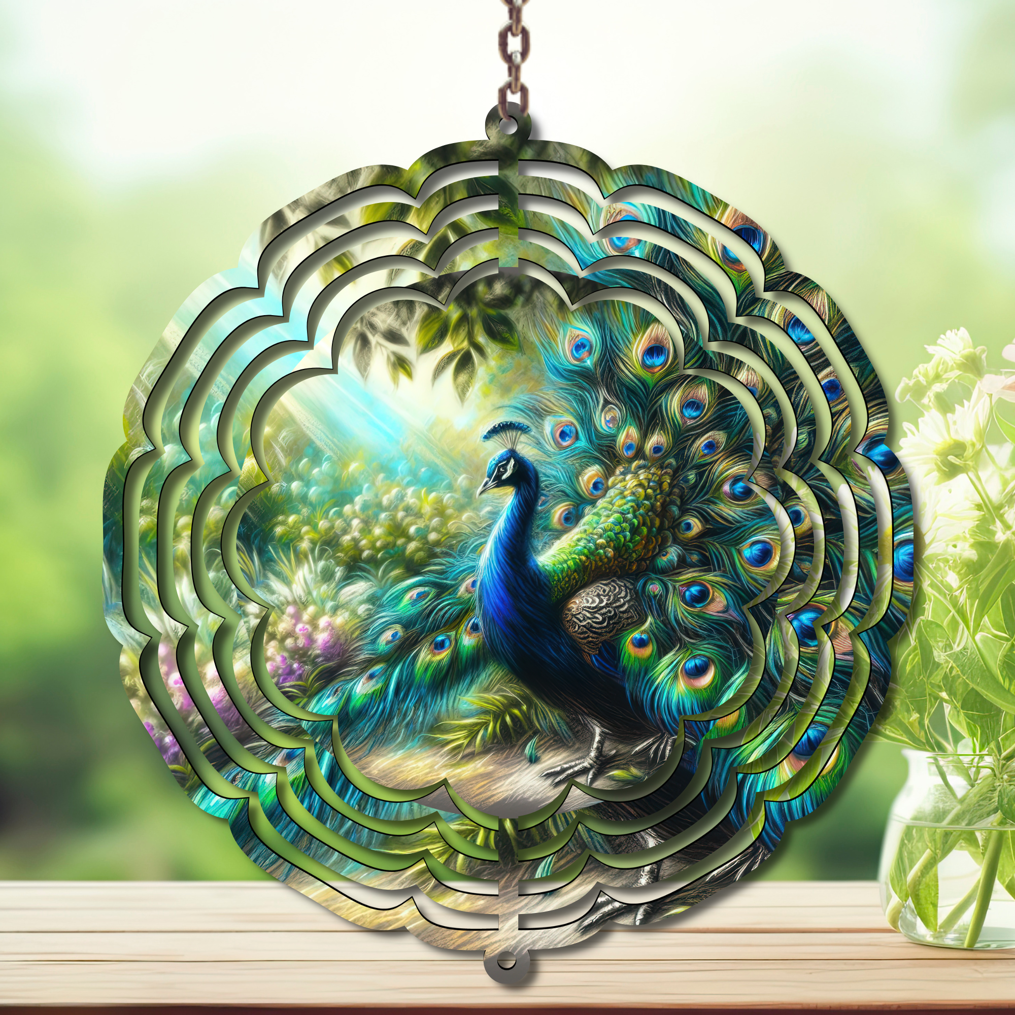 Peacock Aluminum Metal Wind Spinner, multiple images available. A swirl of peacock beauty in every breeze.