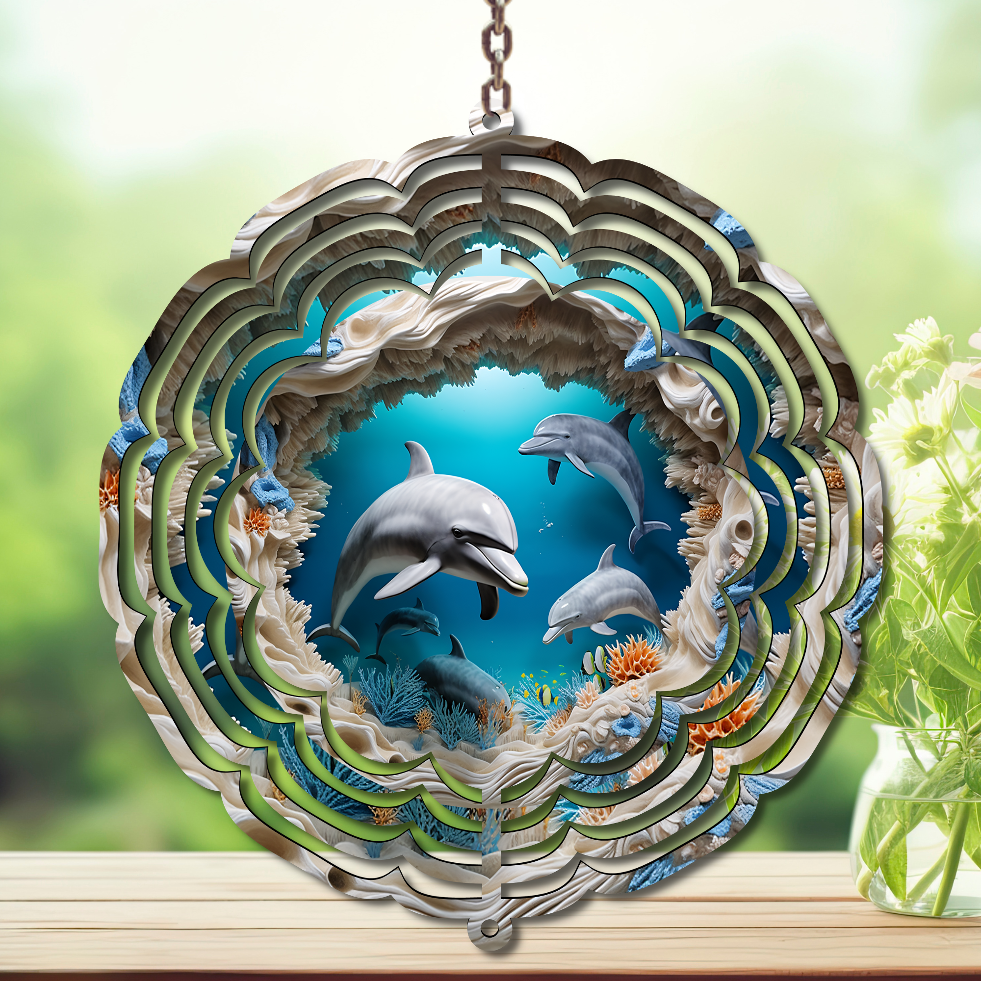 Dolphins Aluminum Metal Wind Spinner, Let your yard spin with ocean magic multiple images available.