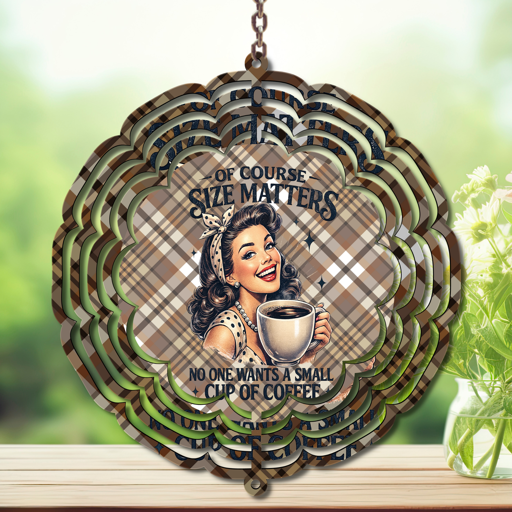 Caffeine in the Wind Spinner. Aluminum Metal Wind Spinner, multiple images available.