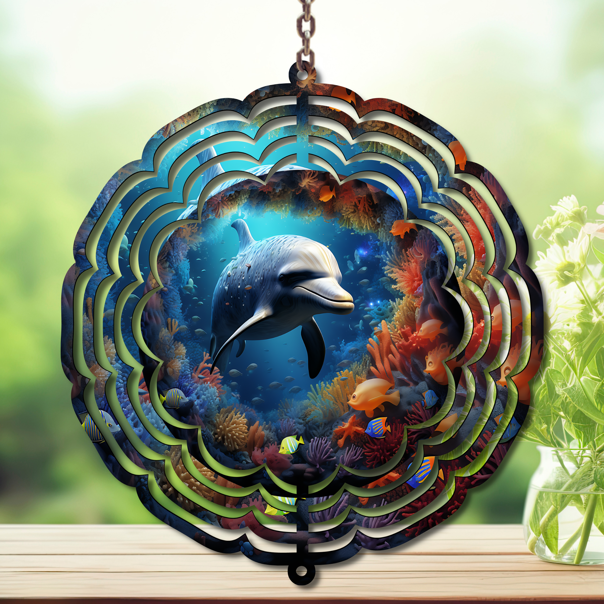 Dolphins Aluminum Metal Wind Spinner, Let your yard spin with ocean magic multiple images available.