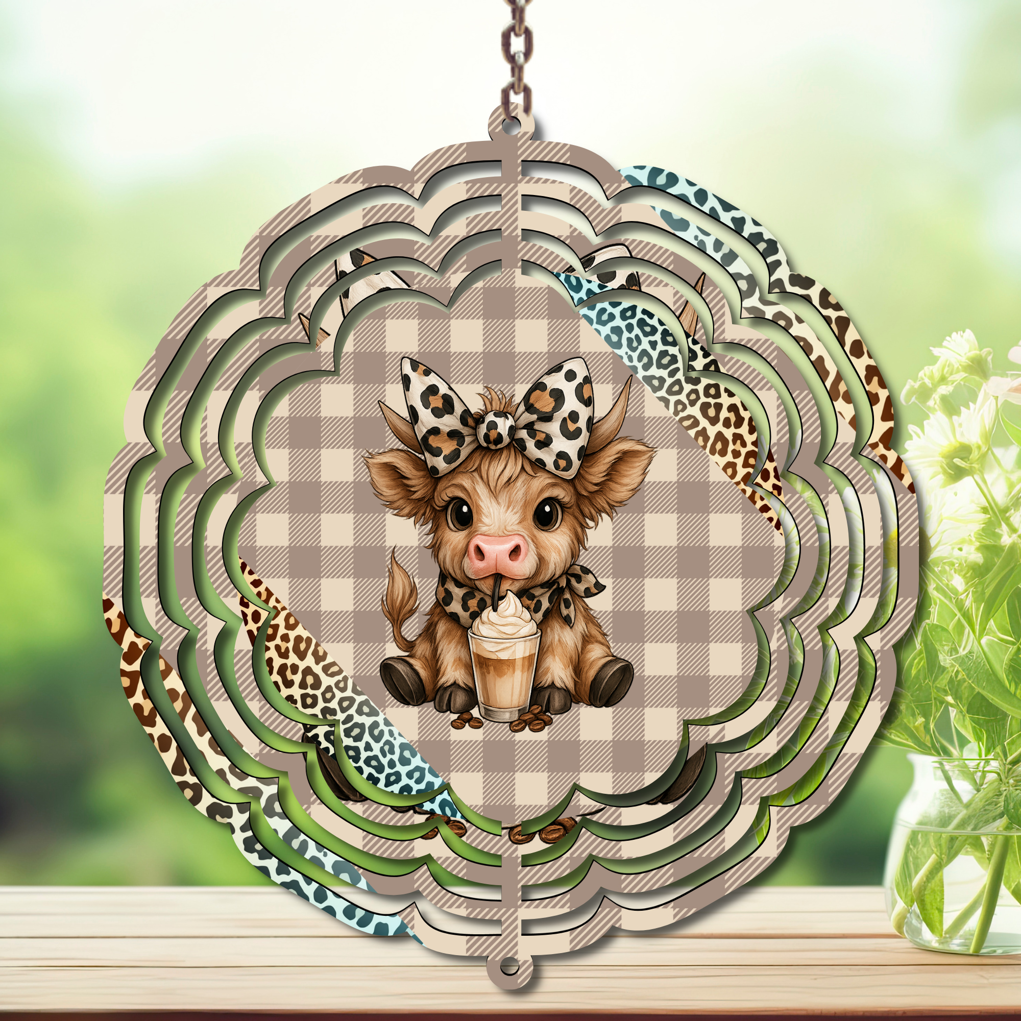 Caffeine in the Wind Spinner. Aluminum Metal Wind Spinner, multiple images available.