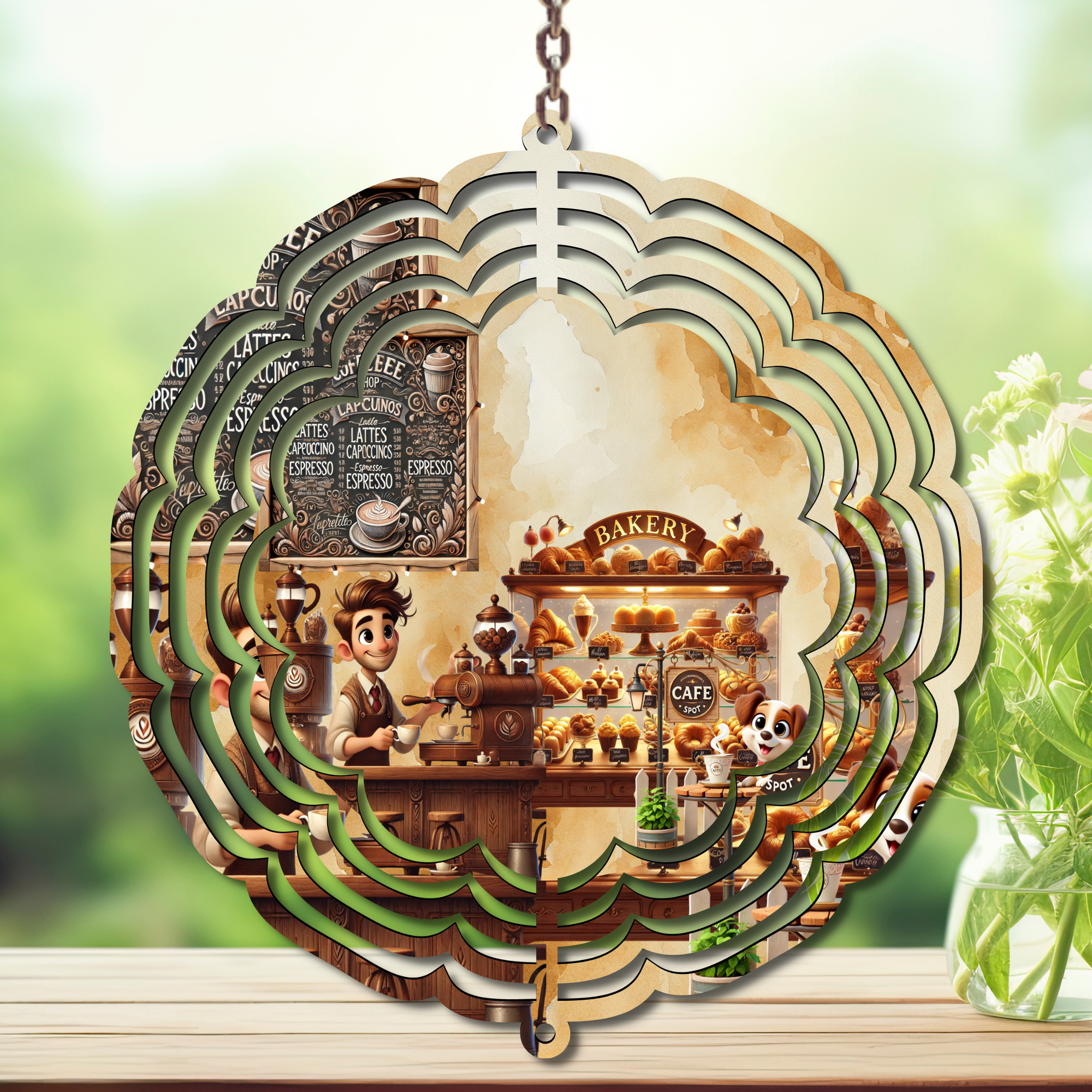 Caffeine in the Wind Spinner. Aluminum Metal Wind Spinner, multiple images available.