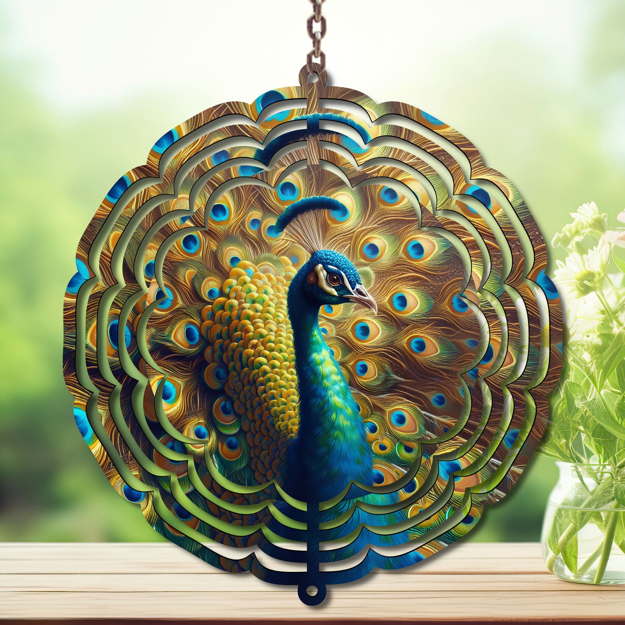 Peacock Aluminum Metal Wind Spinner, multiple images available. A swirl of peacock beauty in every breeze.