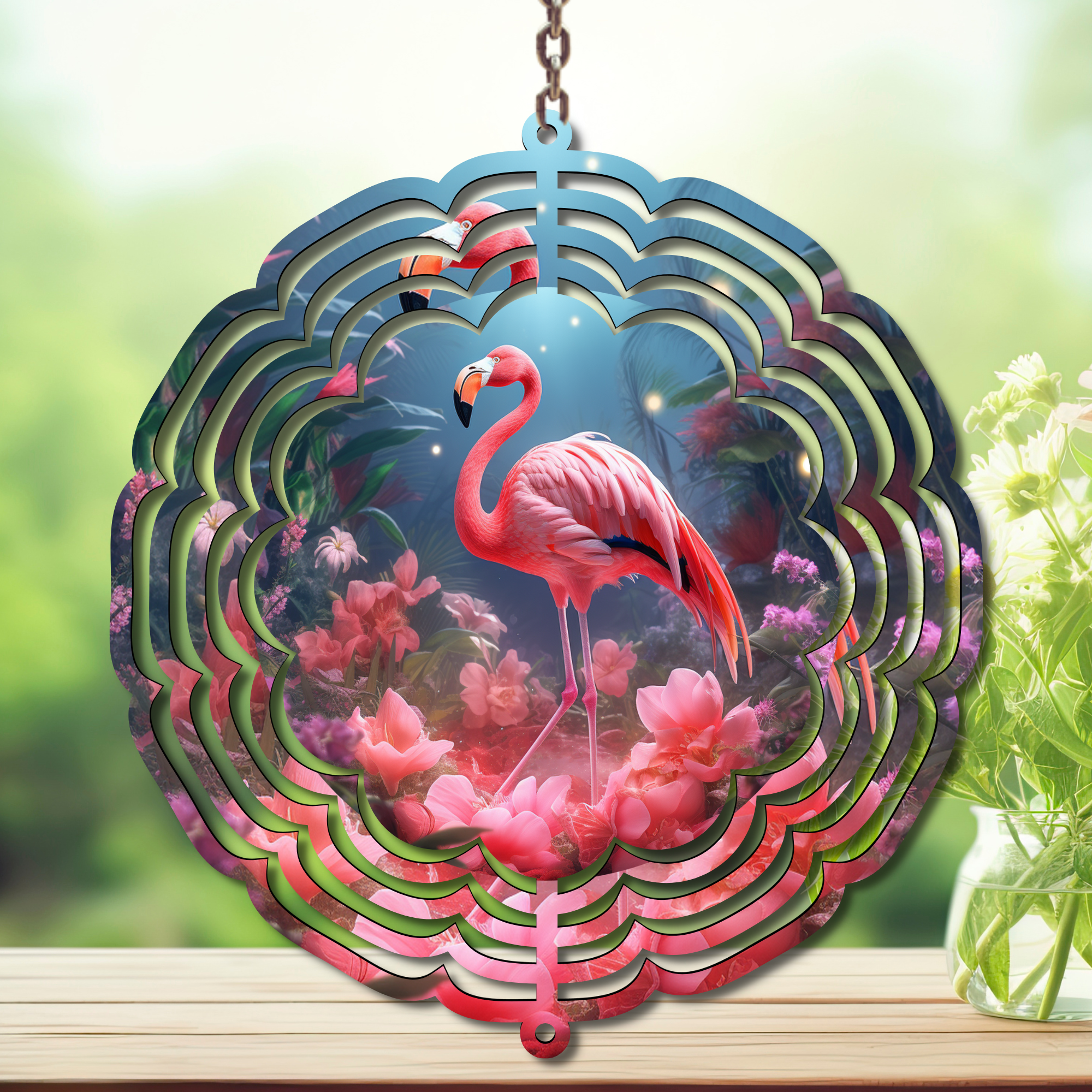 Flamingo Daydream Aluminum Metal Wind Spinner, multiple images available.