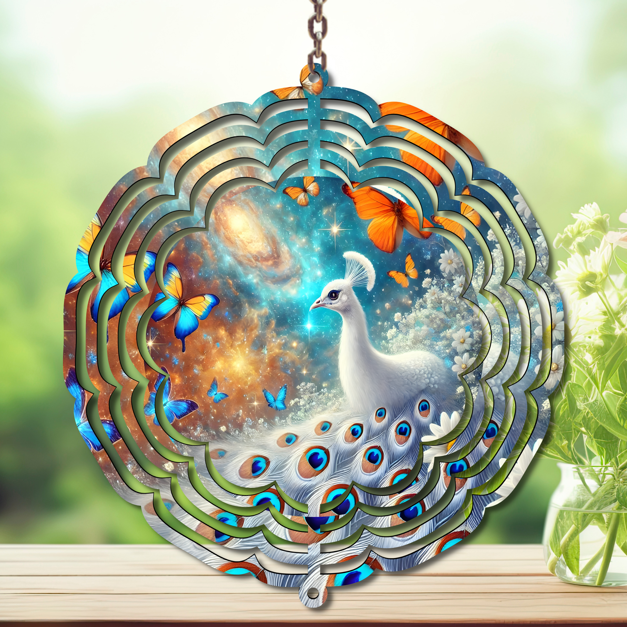 Peacock Aluminum Metal Wind Spinner, multiple images available. A swirl of peacock beauty in every breeze.