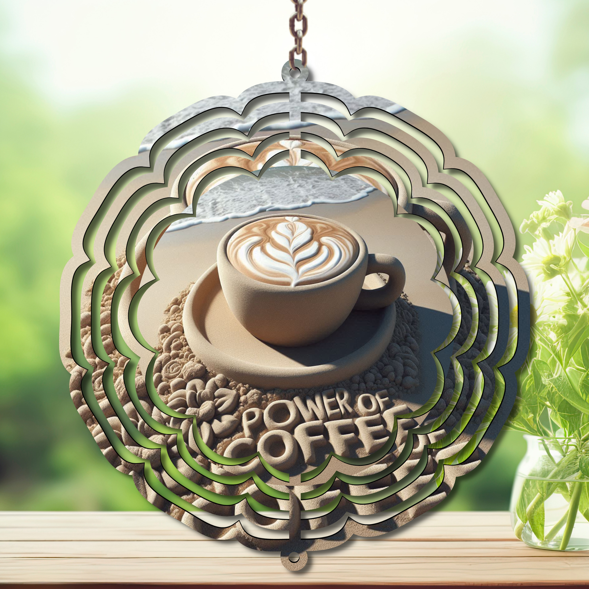 Caffeine in the Wind Spinner. Aluminum Metal Wind Spinner, multiple images available.