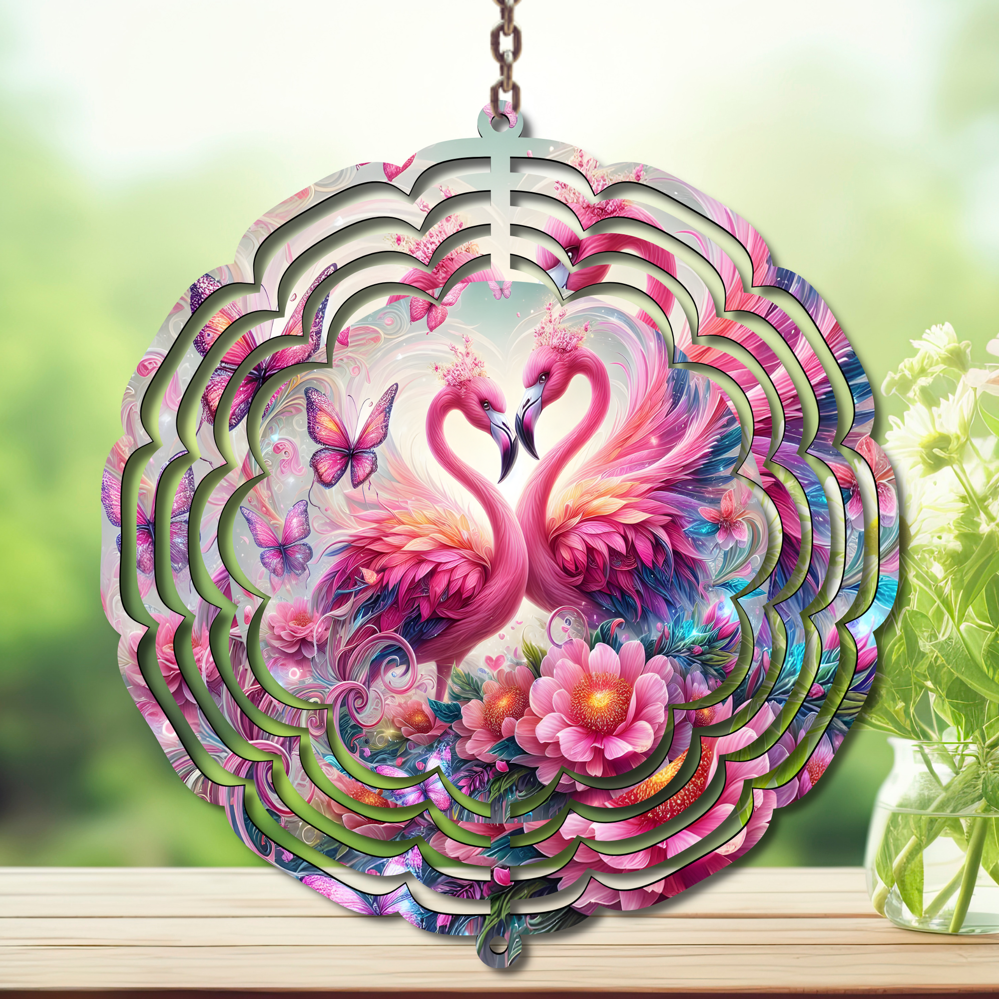 Flamingo Daydream Aluminum Metal Wind Spinner, multiple images available.
