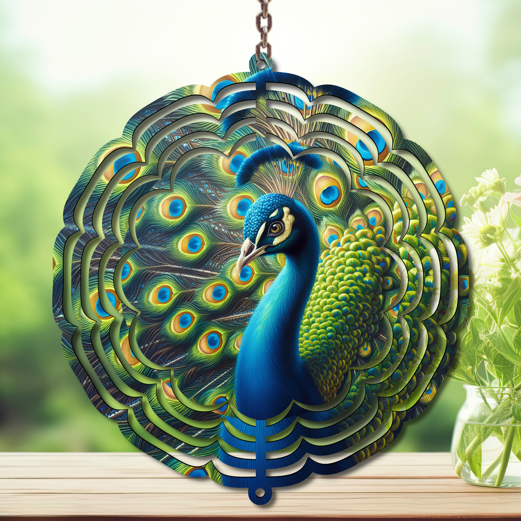 Peacock Aluminum Metal Wind Spinner, multiple images available. A swirl of peacock beauty in every breeze.
