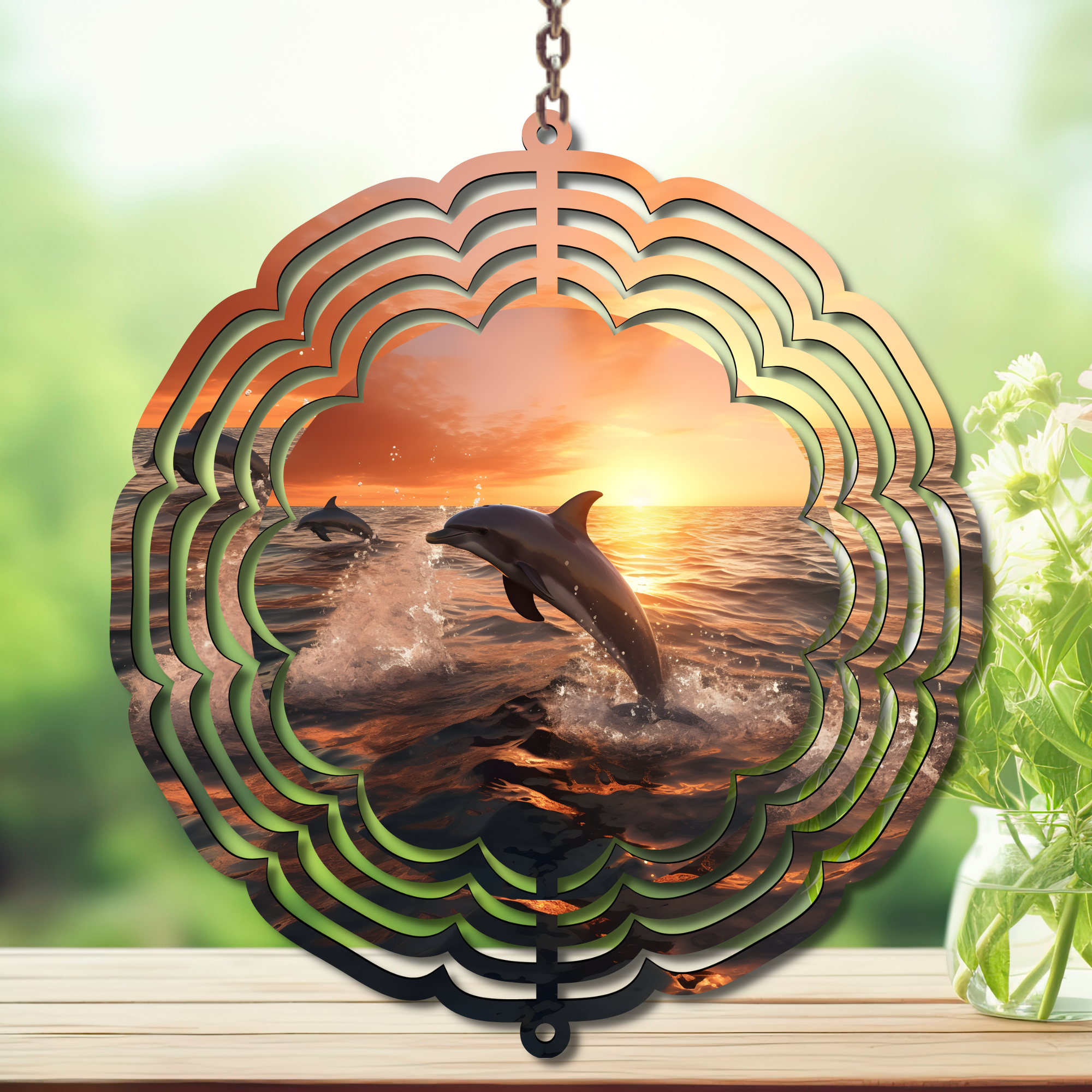 Dolphins Aluminum Metal Wind Spinner, Let your yard spin with ocean magic multiple images available.