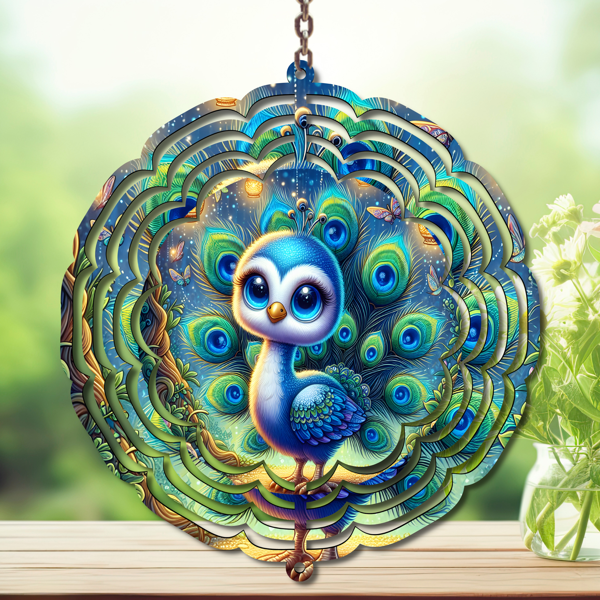 Peacock Aluminum Metal Wind Spinner, multiple images available. A swirl of peacock beauty in every breeze.