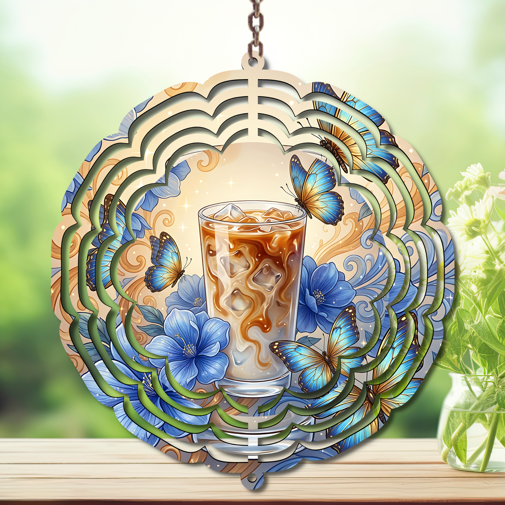 Caffeine in the Wind Spinner. Aluminum Metal Wind Spinner, multiple images available.