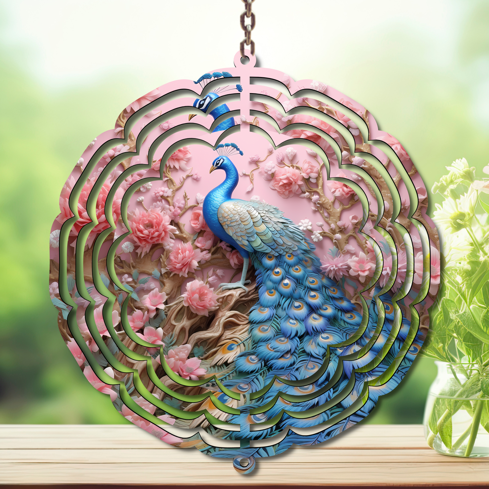 Peacock Aluminum Metal Wind Spinner, multiple images available. A swirl of peacock beauty in every breeze.