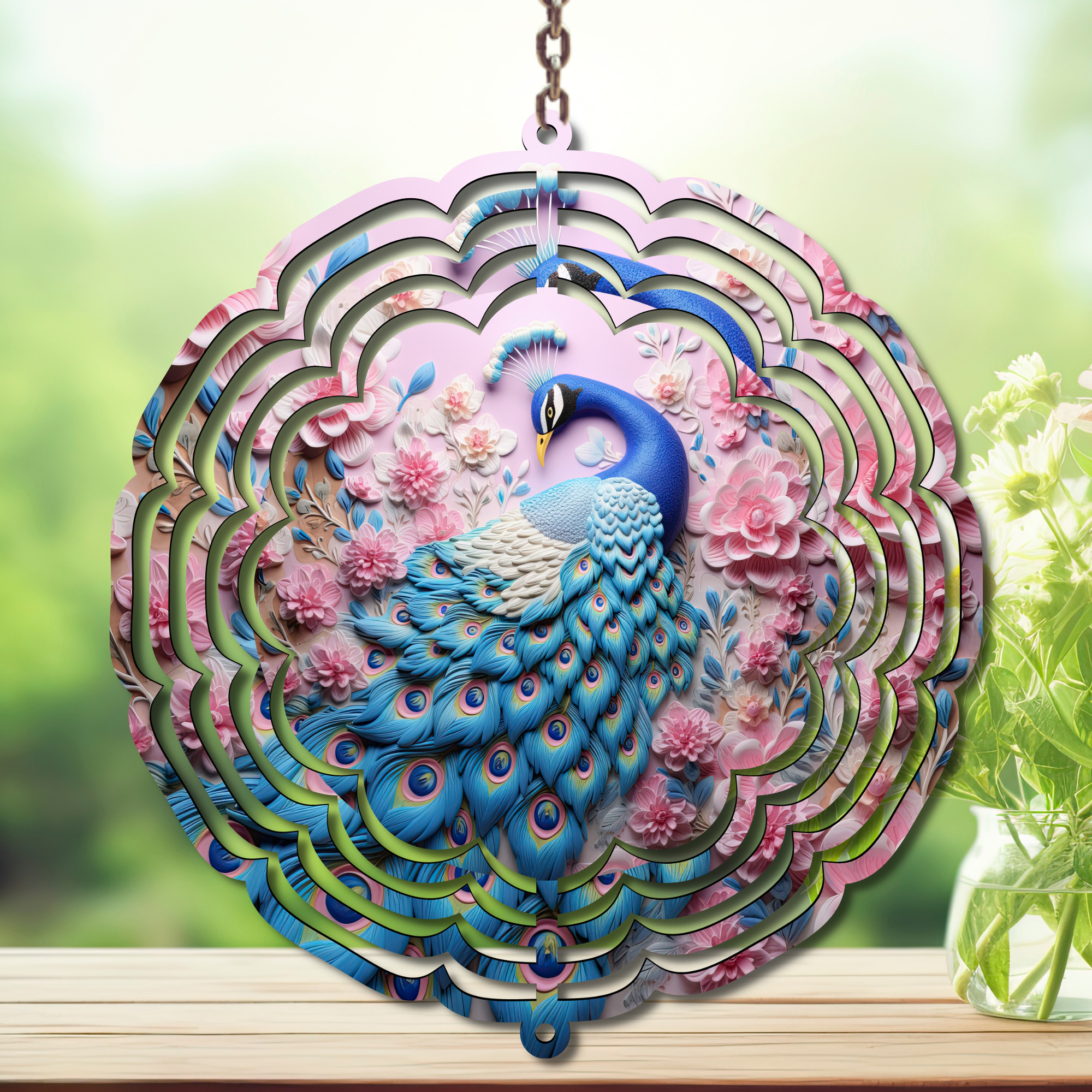 Peacock Aluminum Metal Wind Spinner, multiple images available. A swirl of peacock beauty in every breeze.