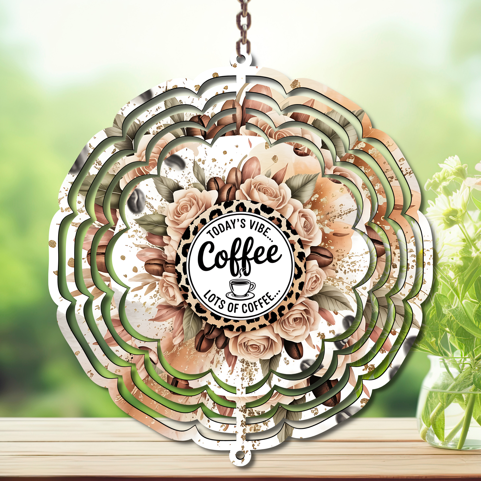 Caffeine in the Wind Spinner. Aluminum Metal Wind Spinner, multiple images available.