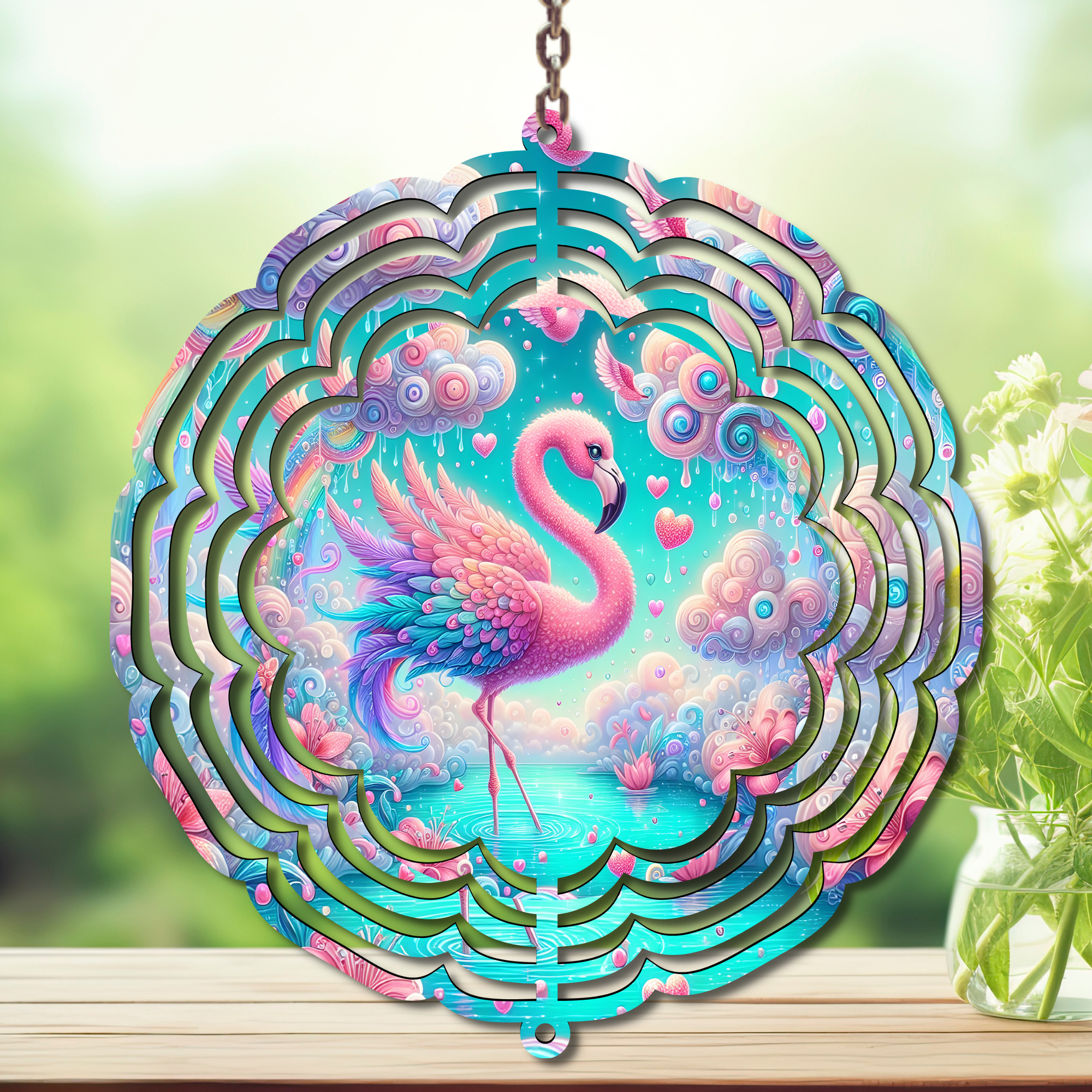 Flamingo Daydream Aluminum Metal Wind Spinner, multiple images available.