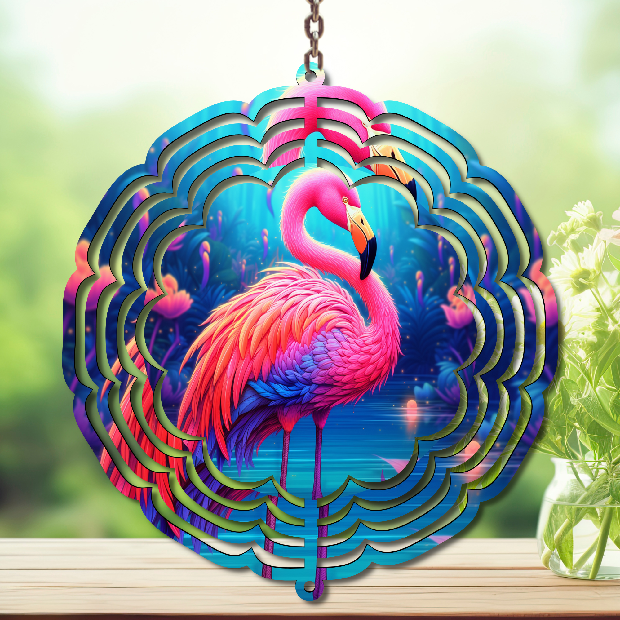 Flamingo Daydream Aluminum Metal Wind Spinner, multiple images available.