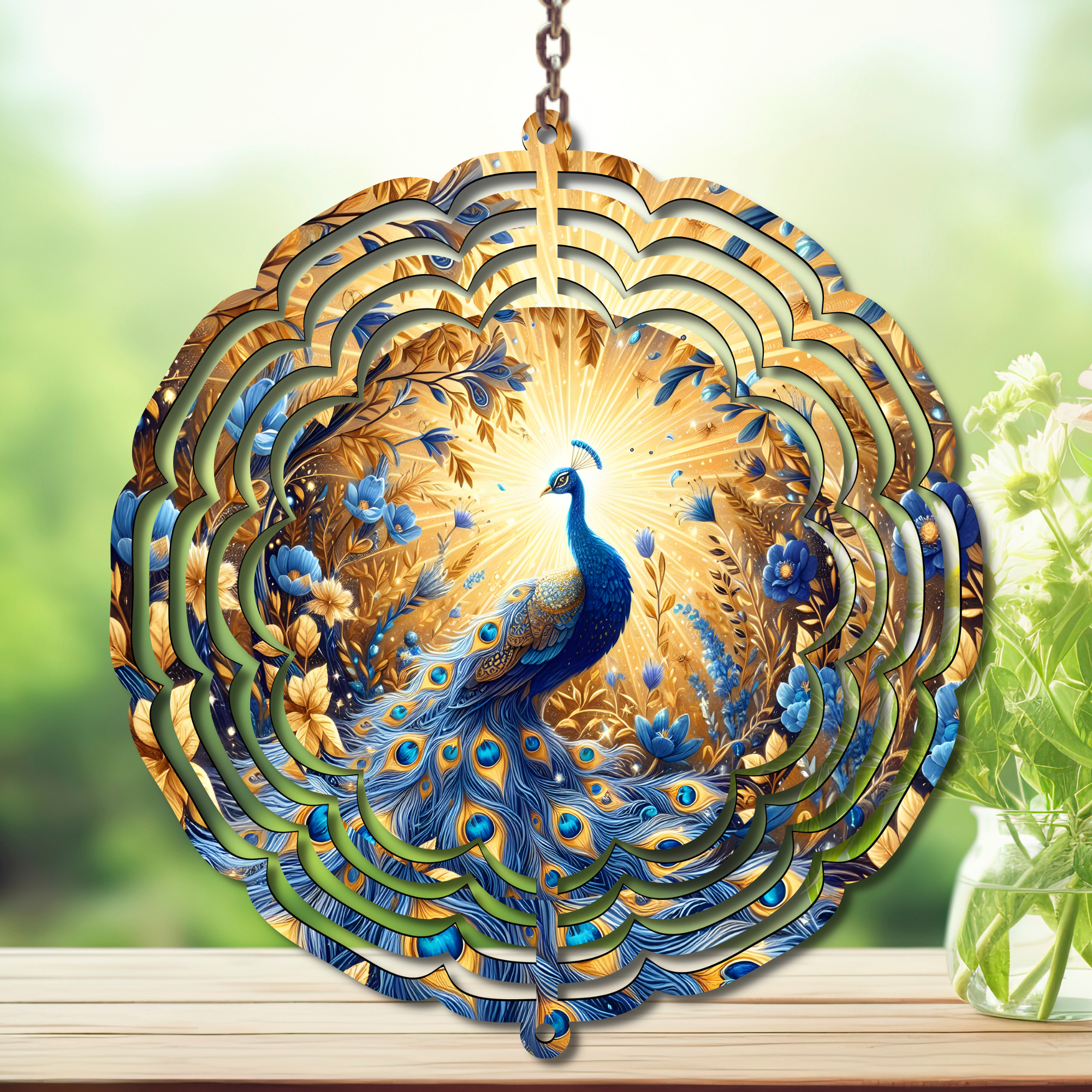 Peacock Aluminum Metal Wind Spinner, multiple images available. A swirl of peacock beauty in every breeze.