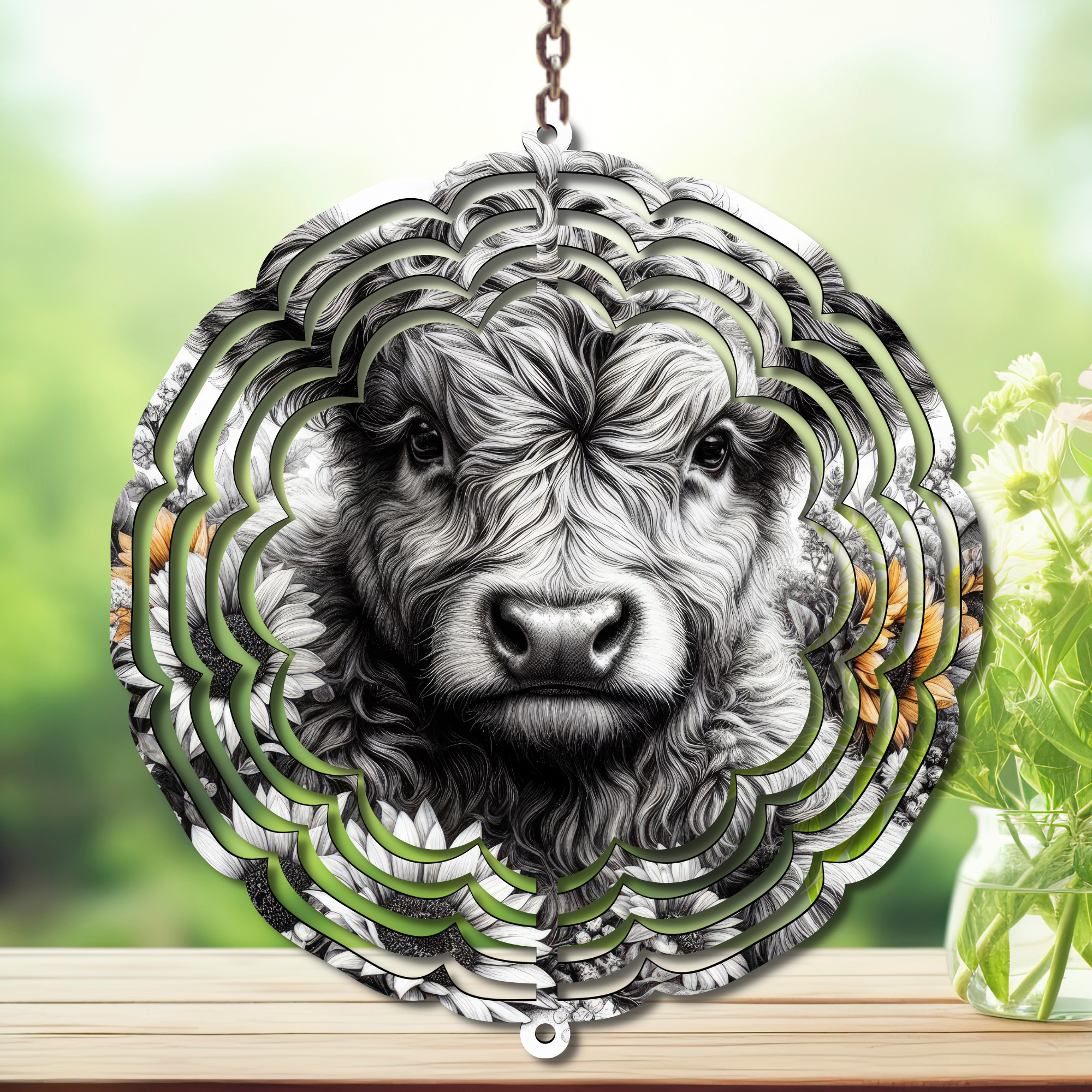 Highland Cow Aluminum Metal Wind Spinner.  Cute + whimsical personality. Multiple images available.