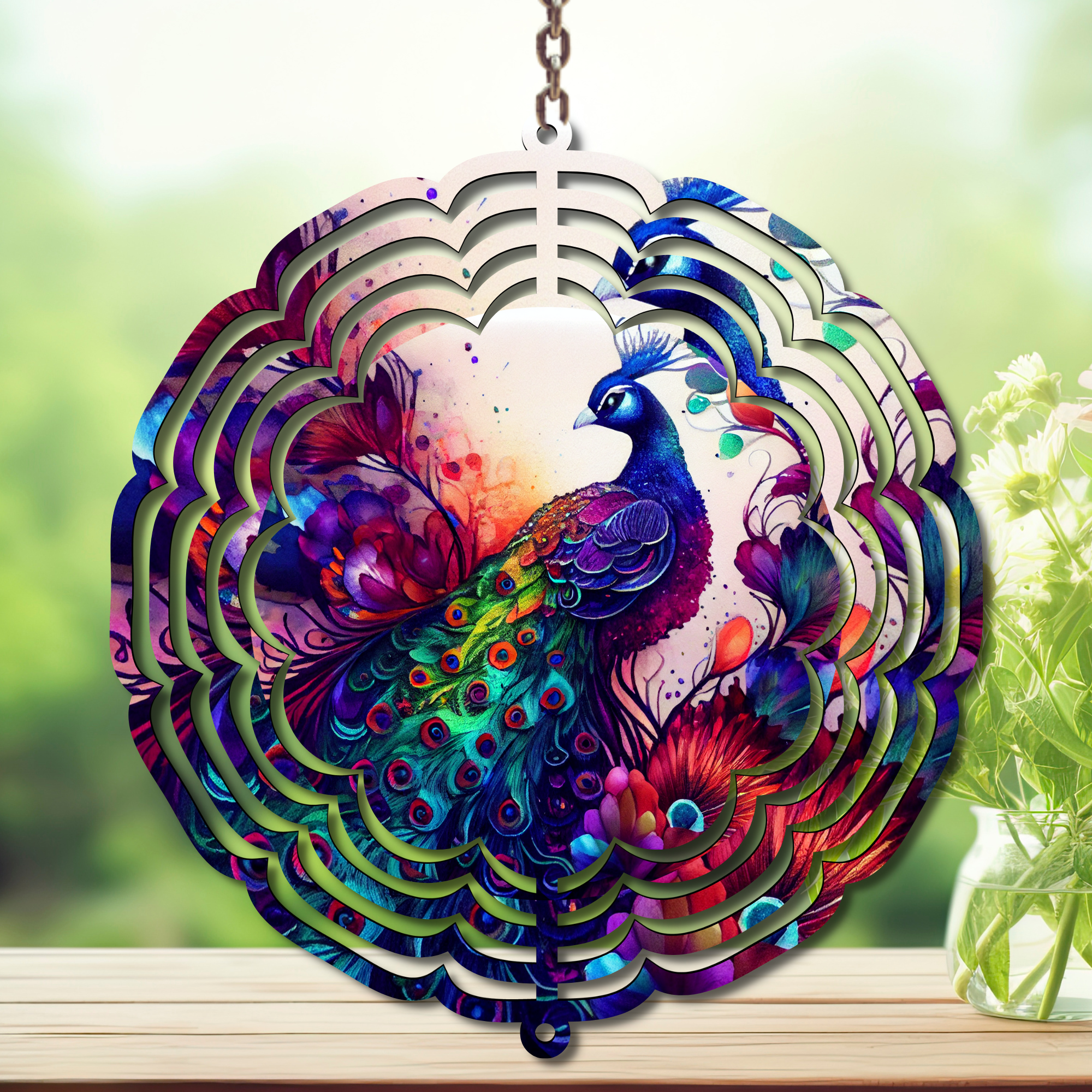 Peacock Aluminum Metal Wind Spinner, multiple images available. A swirl of peacock beauty in every breeze.