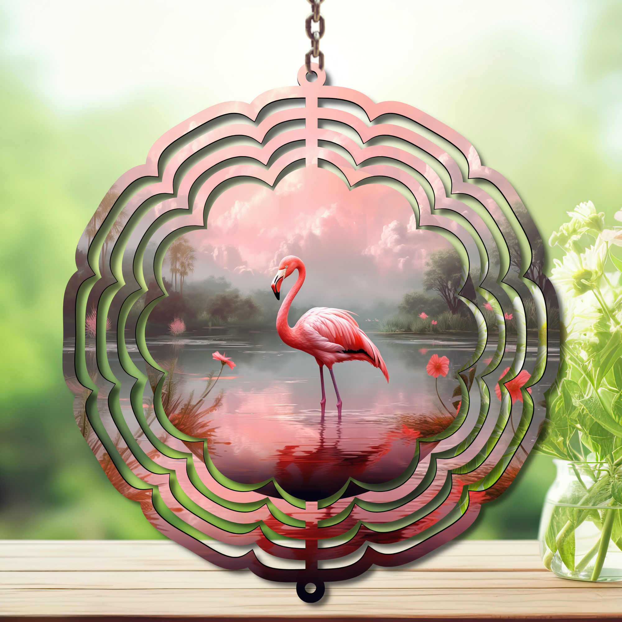 Flamingo Daydream Aluminum Metal Wind Spinner, multiple images available.