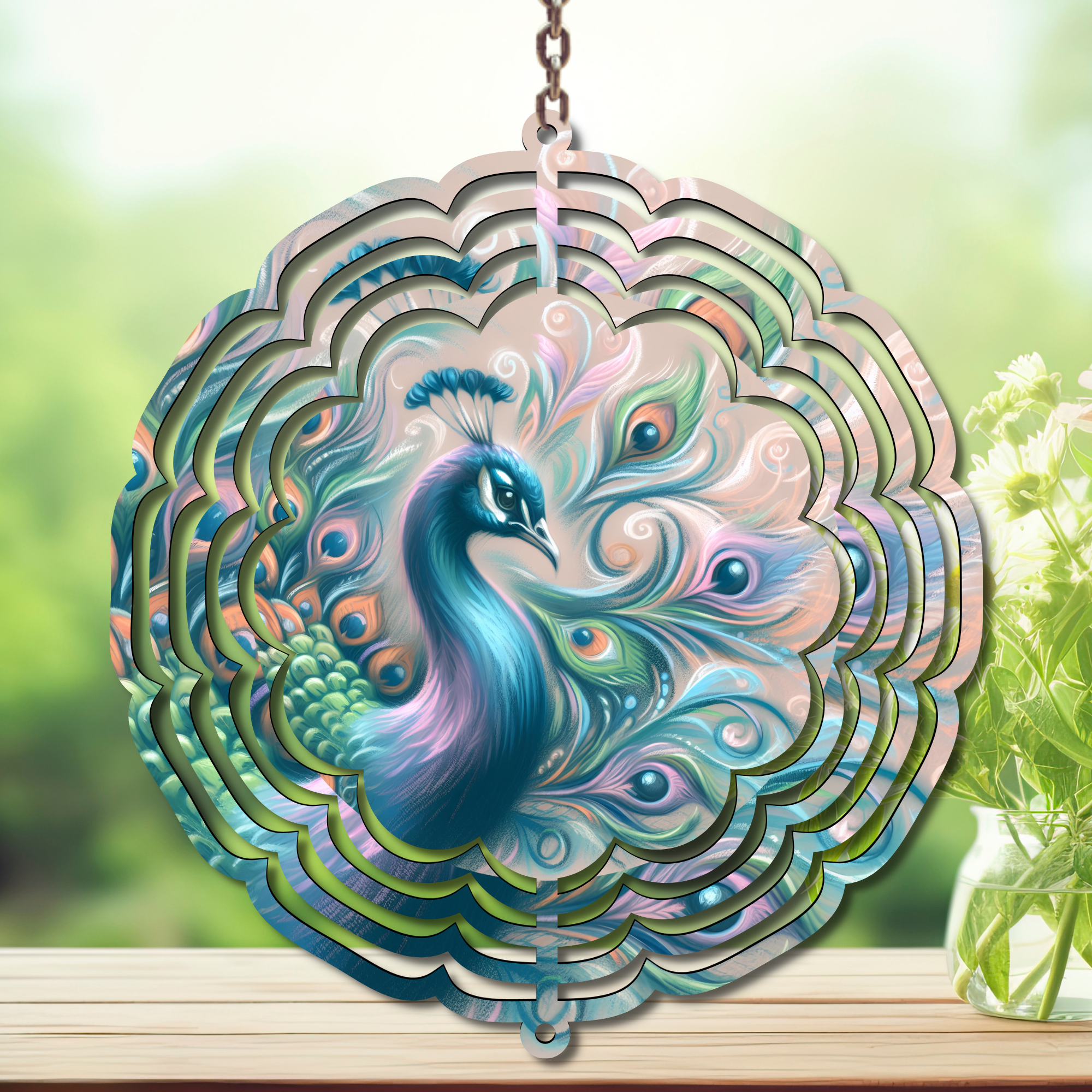 Peacock Aluminum Metal Wind Spinner, multiple images available. A swirl of peacock beauty in every breeze.