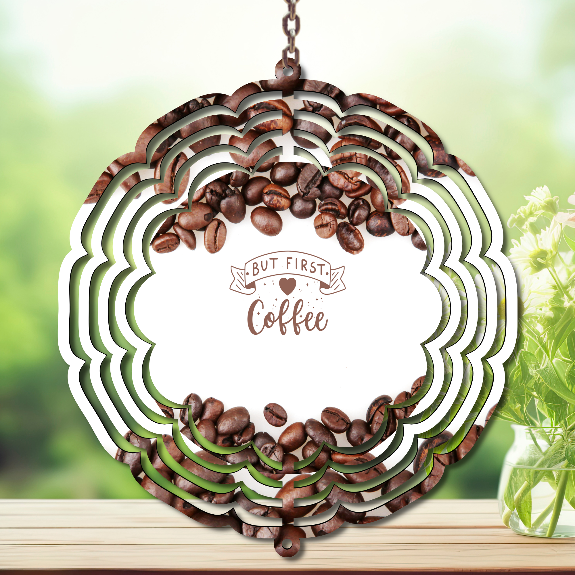 Caffeine in the Wind Spinner. Aluminum Metal Wind Spinner, multiple images available.
