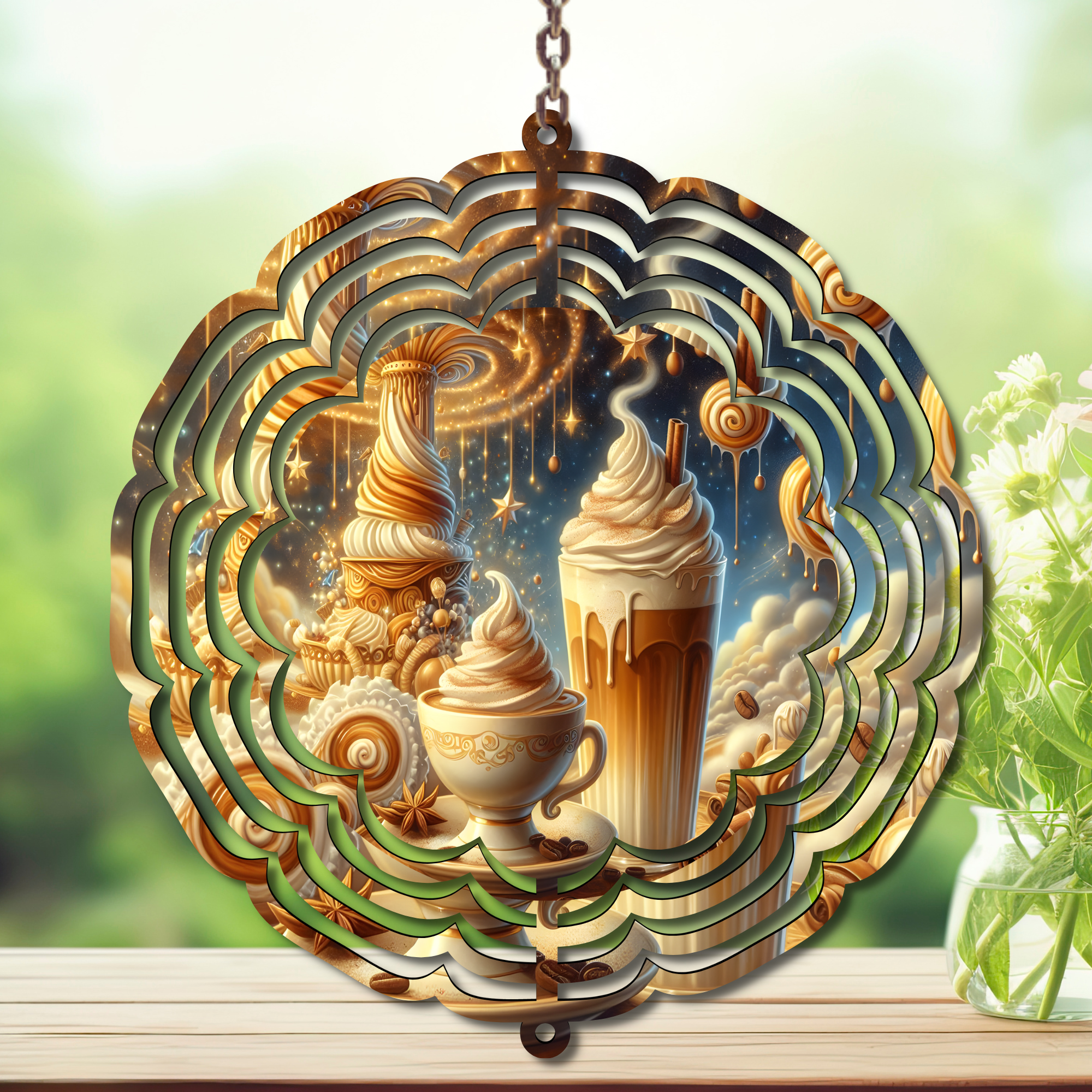 Caffeine in the Wind Spinner. Aluminum Metal Wind Spinner, multiple images available.