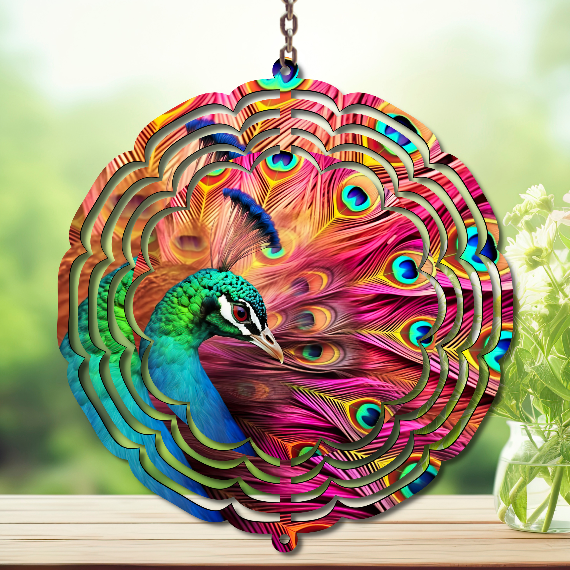 Peacock Aluminum Metal Wind Spinner, multiple images available. A swirl of peacock beauty in every breeze.