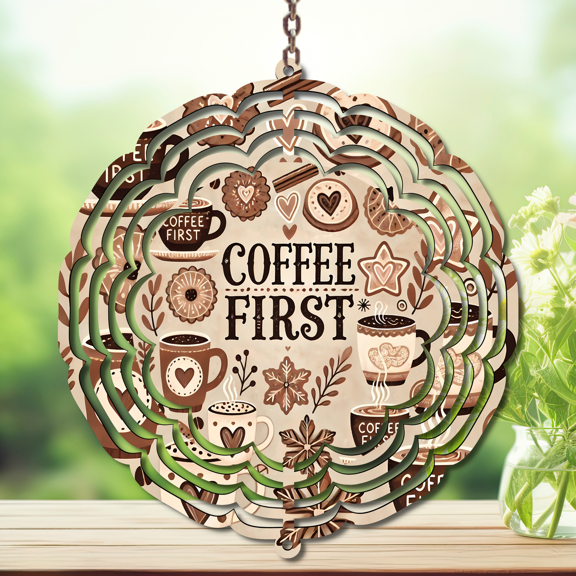Caffeine in the Wind Spinner. Aluminum Metal Wind Spinner, multiple images available.