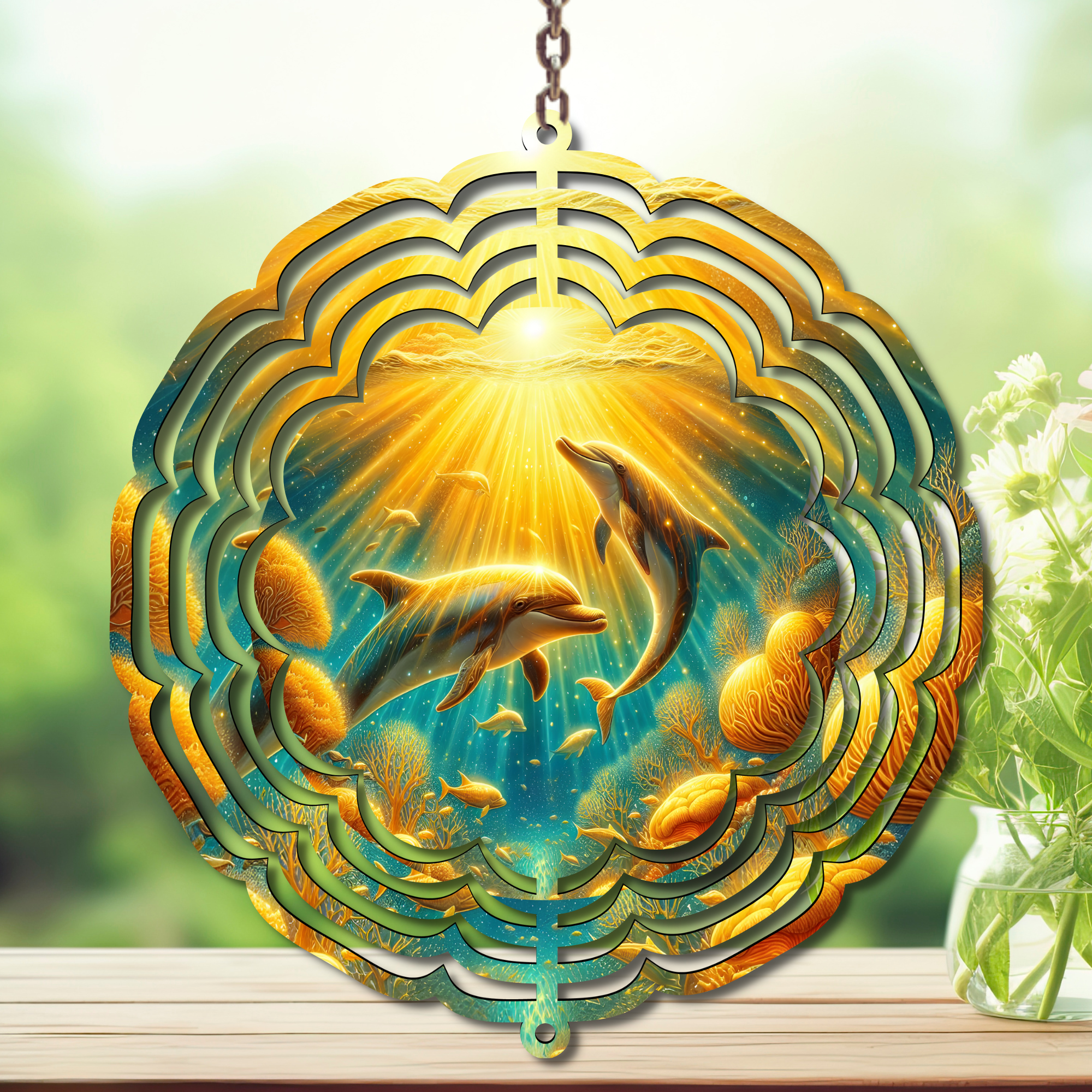 Dolphins Aluminum Metal Wind Spinner, Let your yard spin with ocean magic multiple images available.