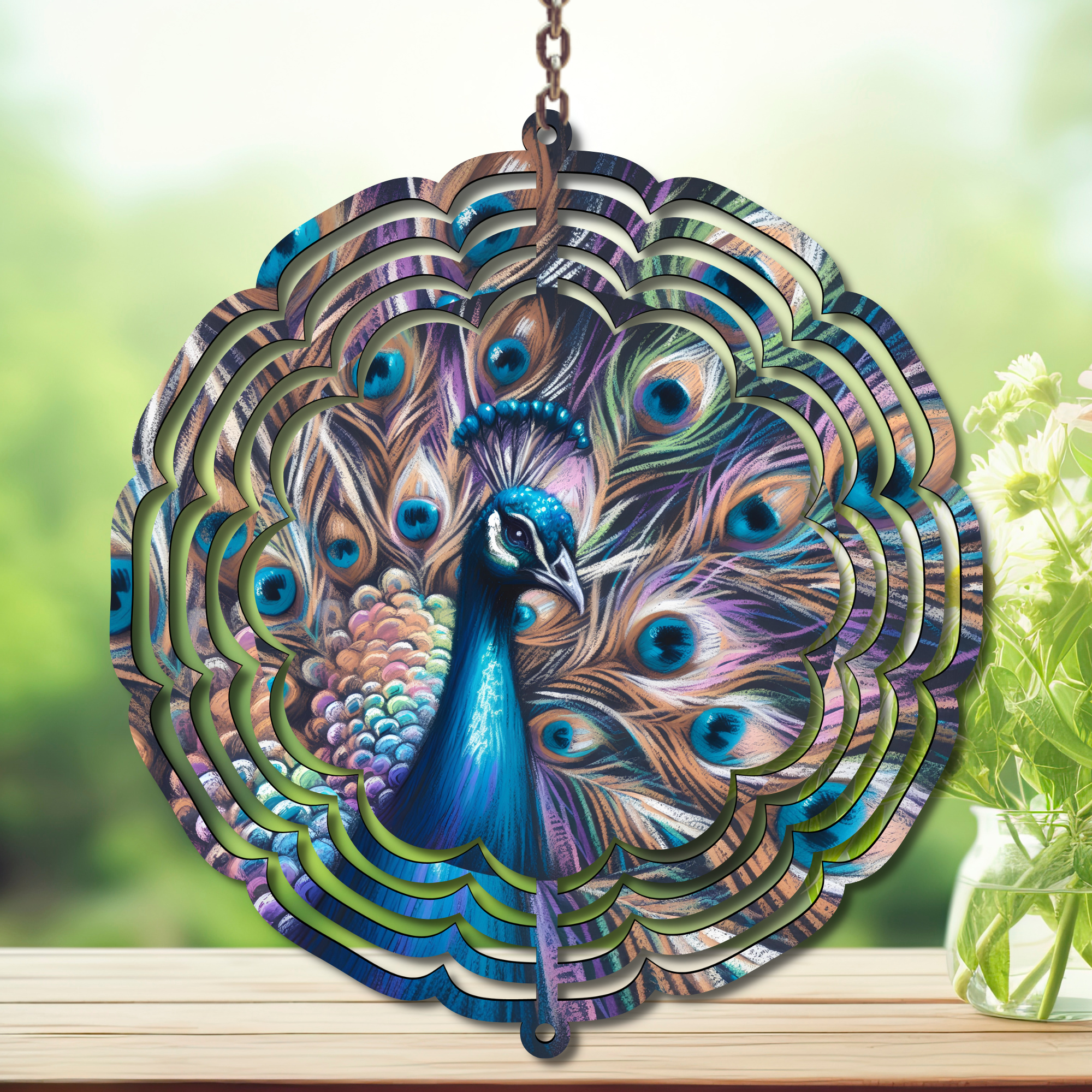 Peacock Aluminum Metal Wind Spinner, multiple images available. A swirl of peacock beauty in every breeze.