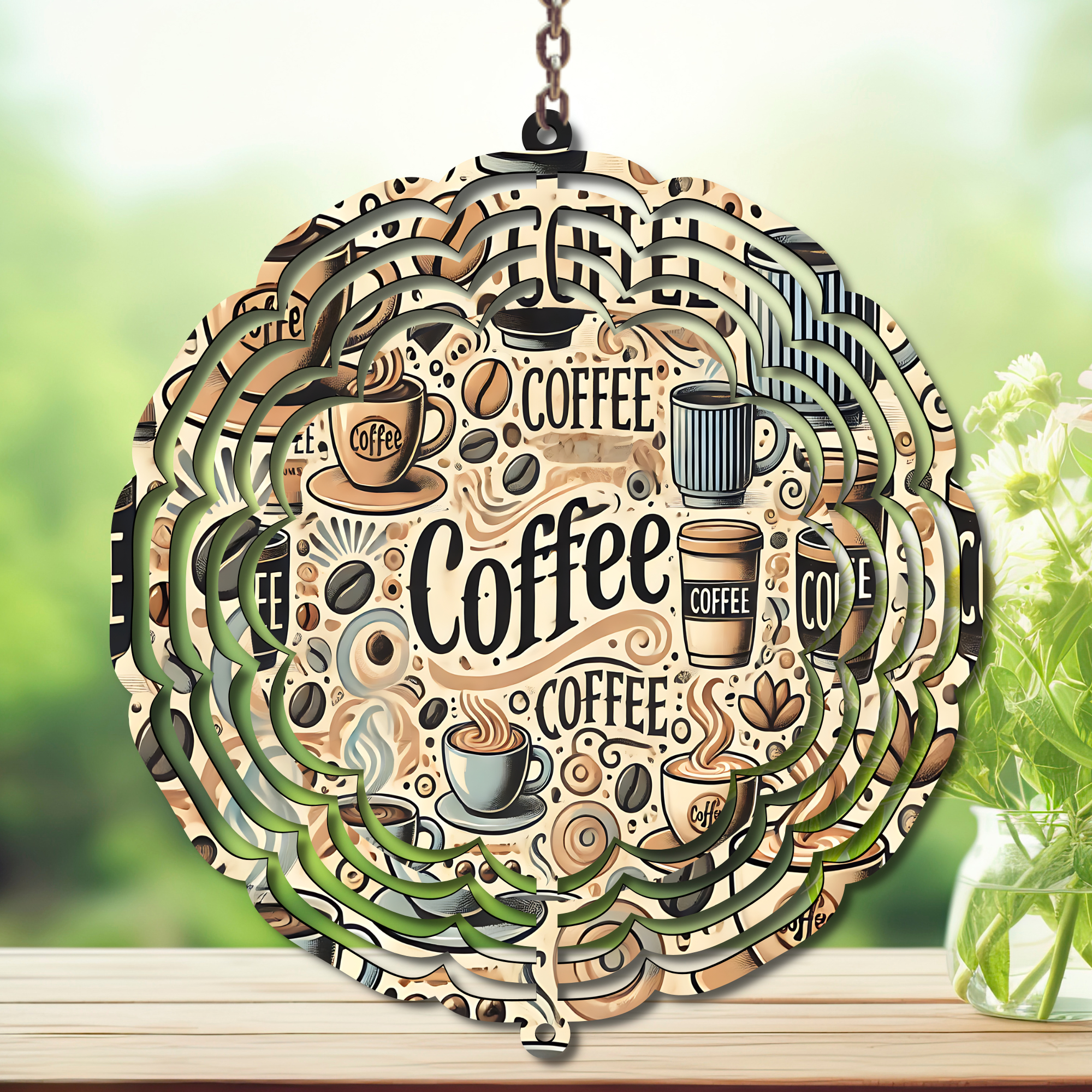 Caffeine in the Wind Spinner. Aluminum Metal Wind Spinner, multiple images available.