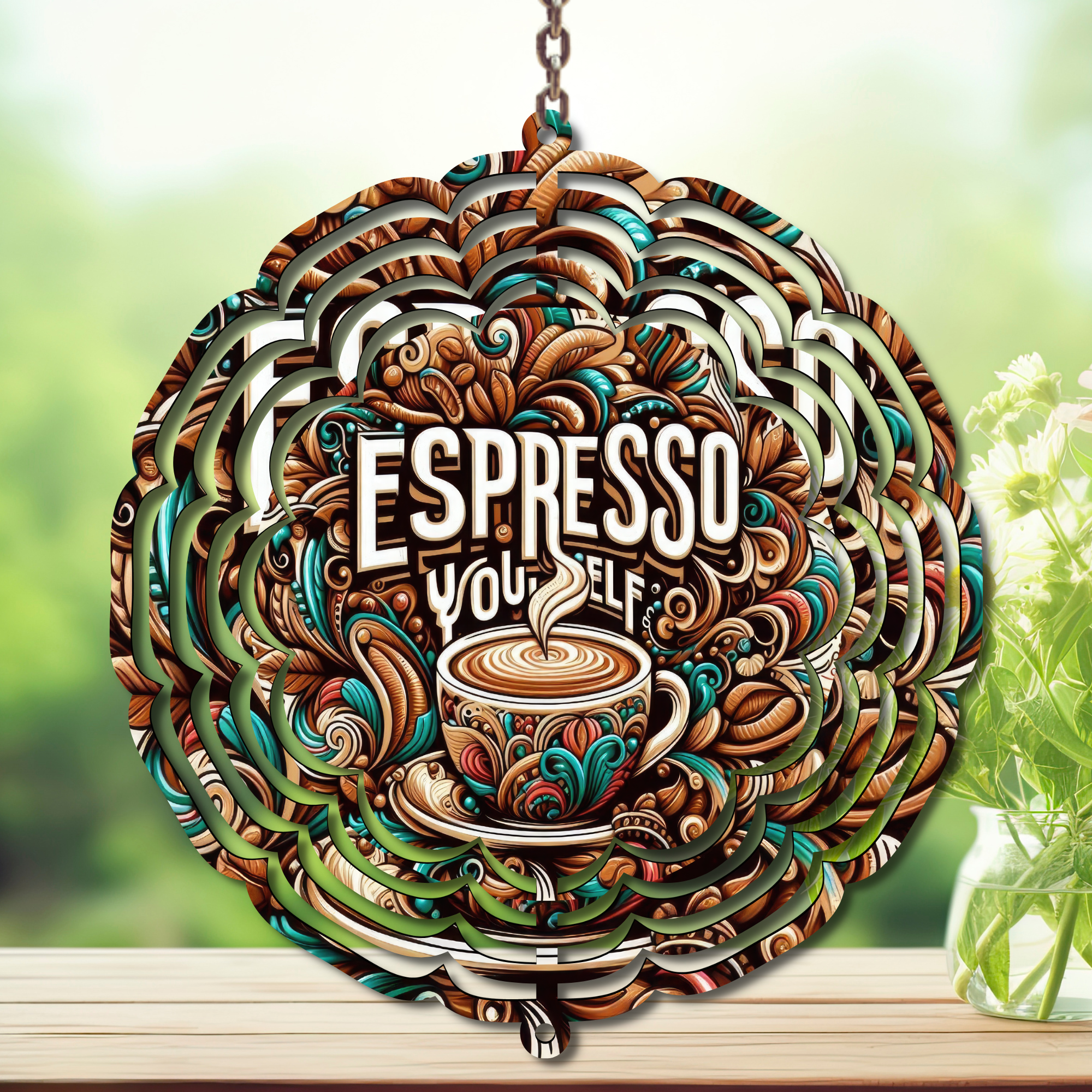 Caffeine in the Wind Spinner. Aluminum Metal Wind Spinner, multiple images available.