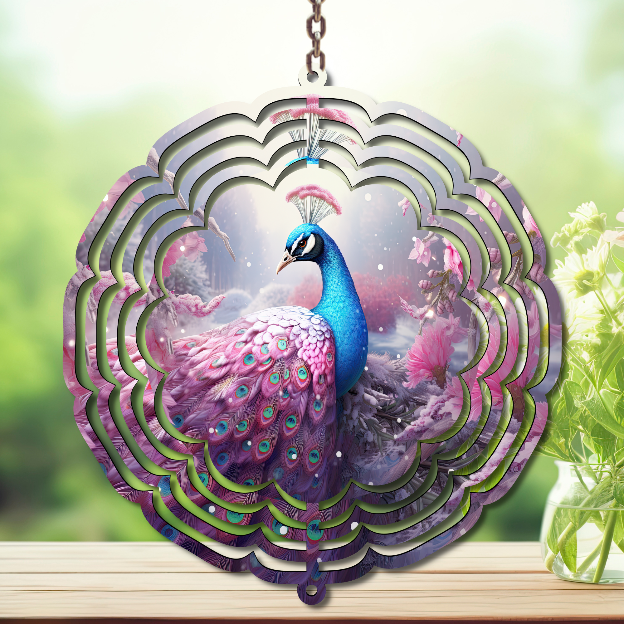 Peacock Aluminum Metal Wind Spinner, multiple images available. A swirl of peacock beauty in every breeze.