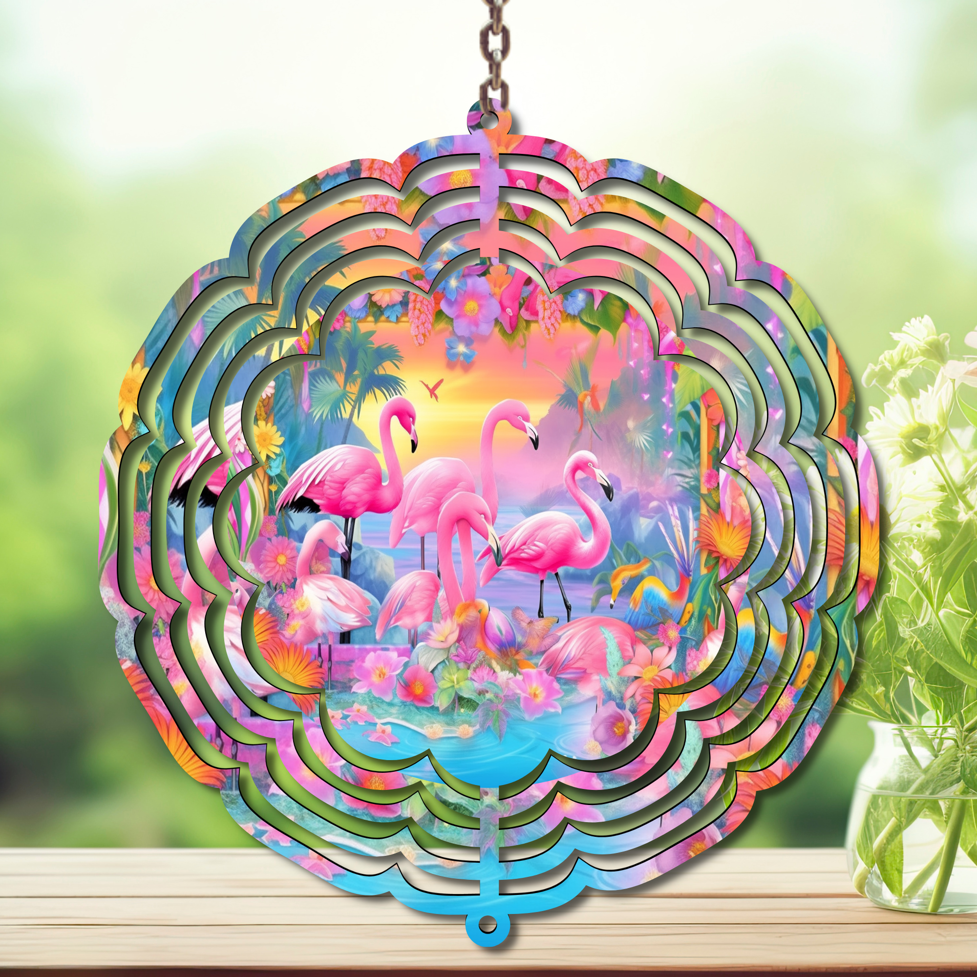 Flamingo Daydream Aluminum Metal Wind Spinner, multiple images available.