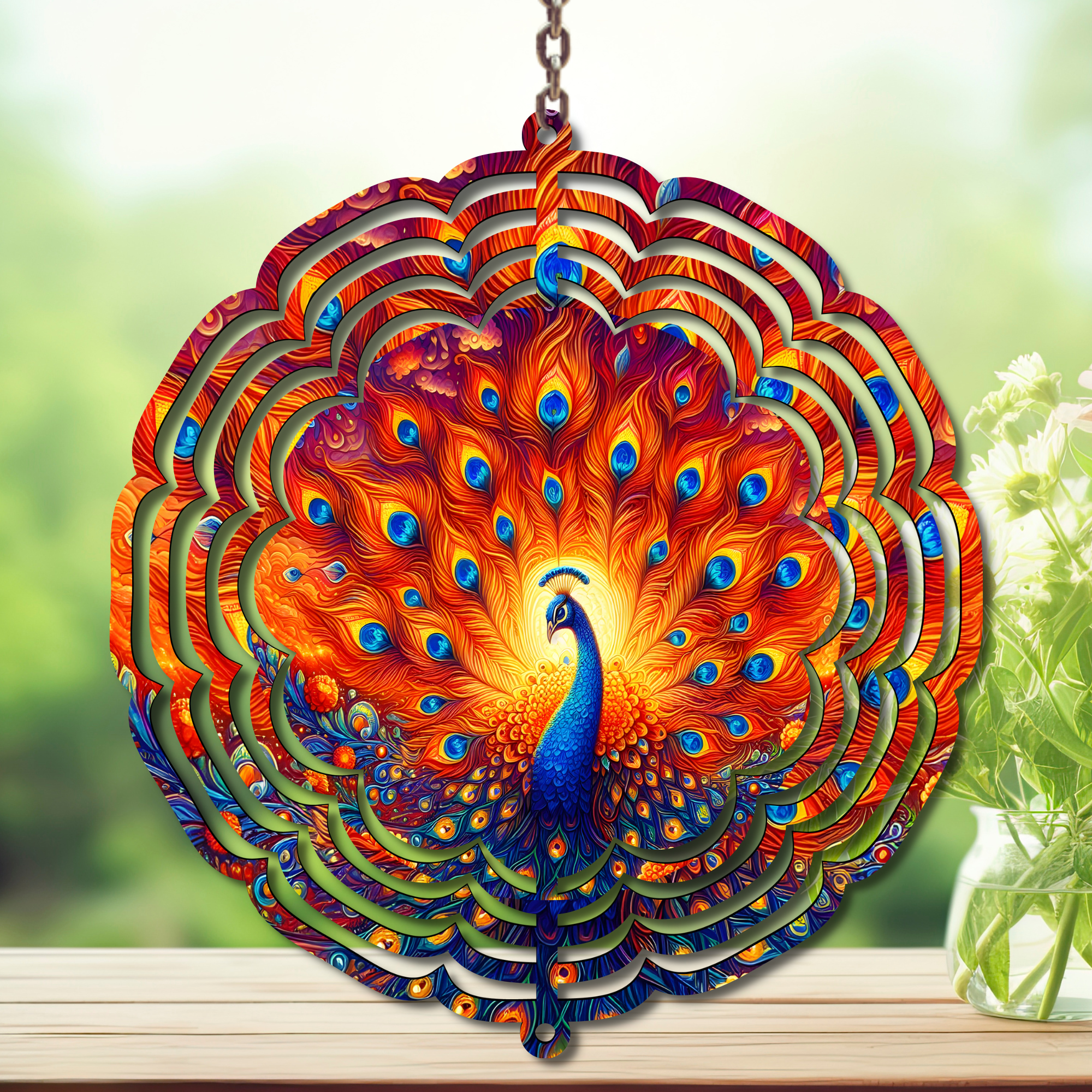 Peacock Aluminum Metal Wind Spinner, multiple images available. A swirl of peacock beauty in every breeze.