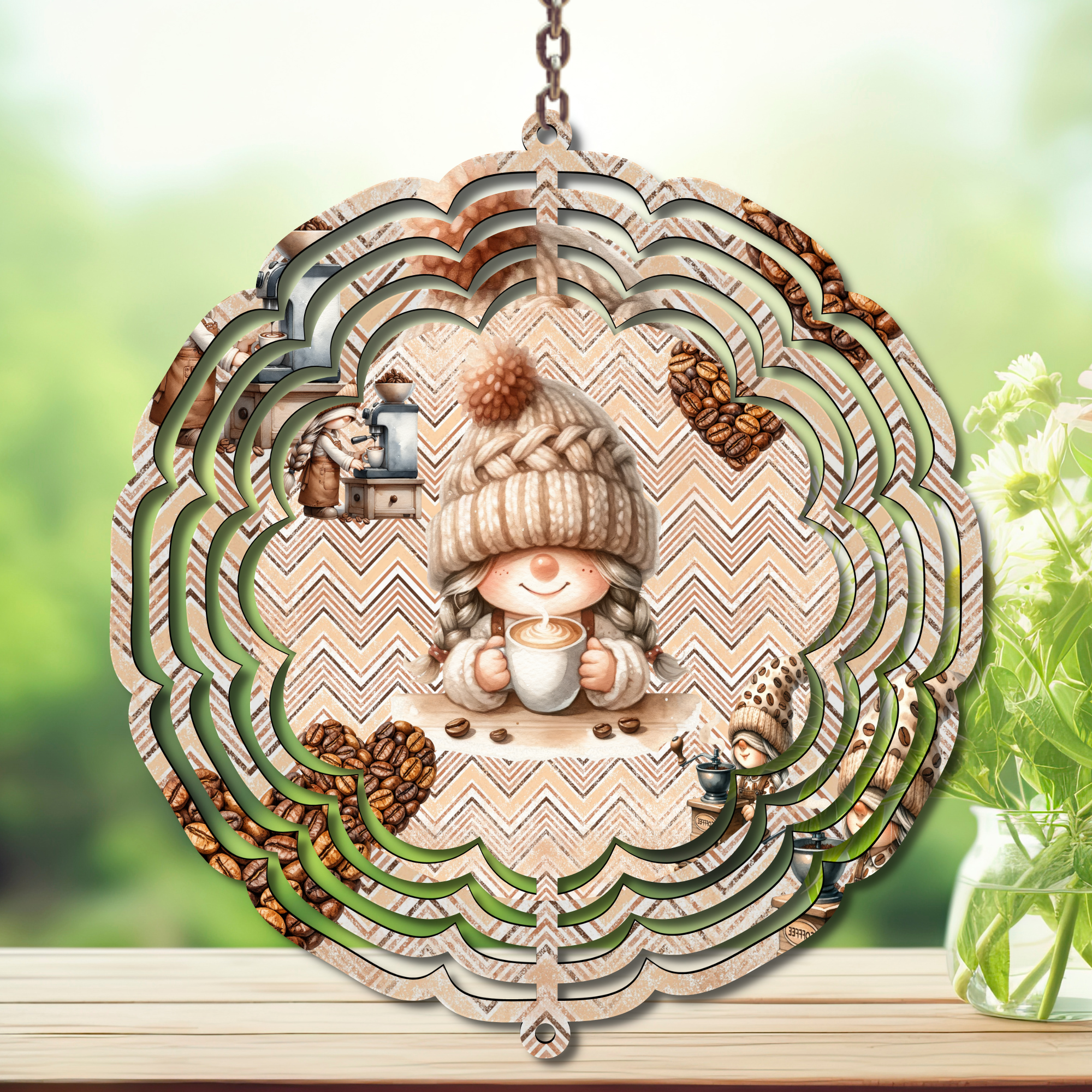 Caffeine in the Wind Spinner. Aluminum Metal Wind Spinner, multiple images available.