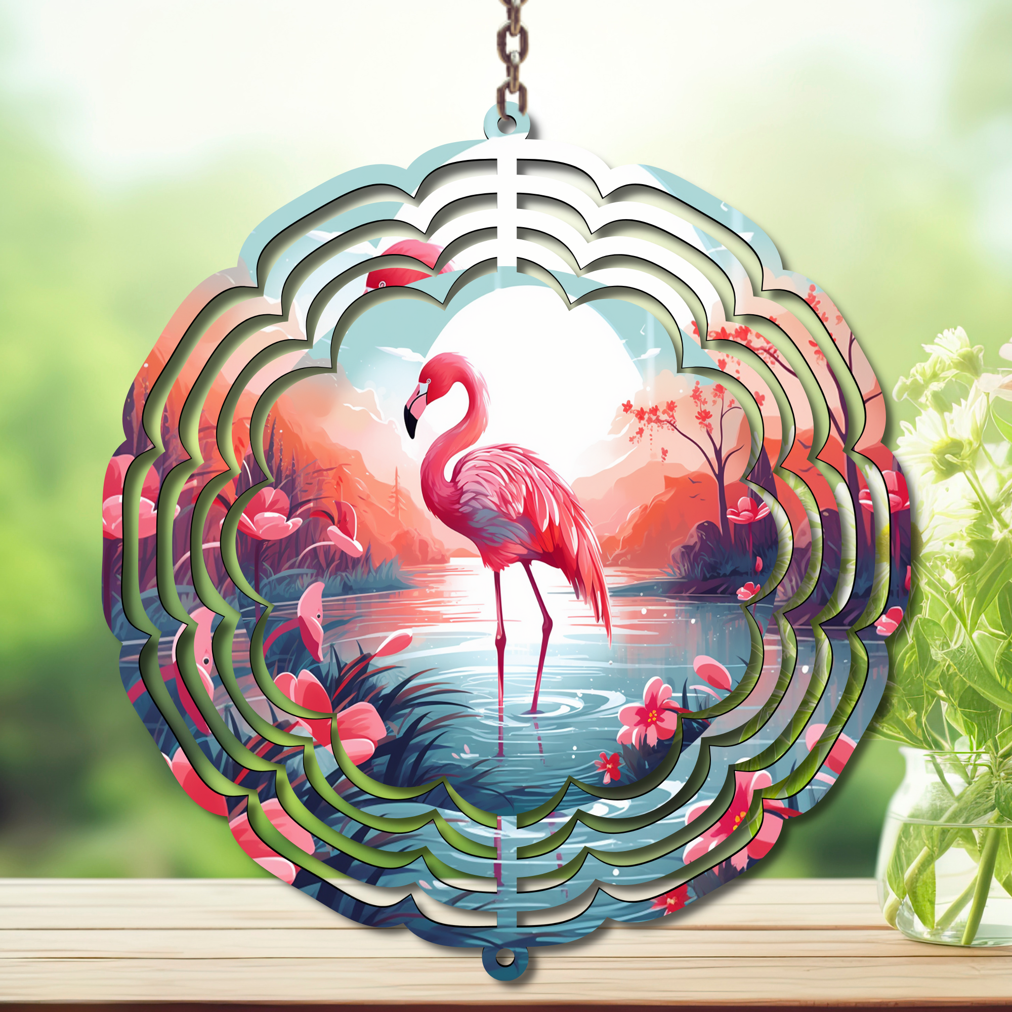 Flamingo Daydream Aluminum Metal Wind Spinner, multiple images available.