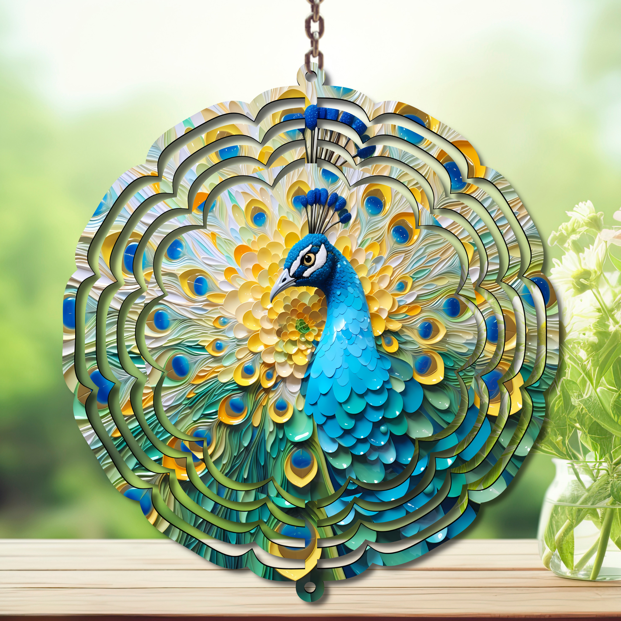 Peacock Aluminum Metal Wind Spinner, multiple images available. A swirl of peacock beauty in every breeze.