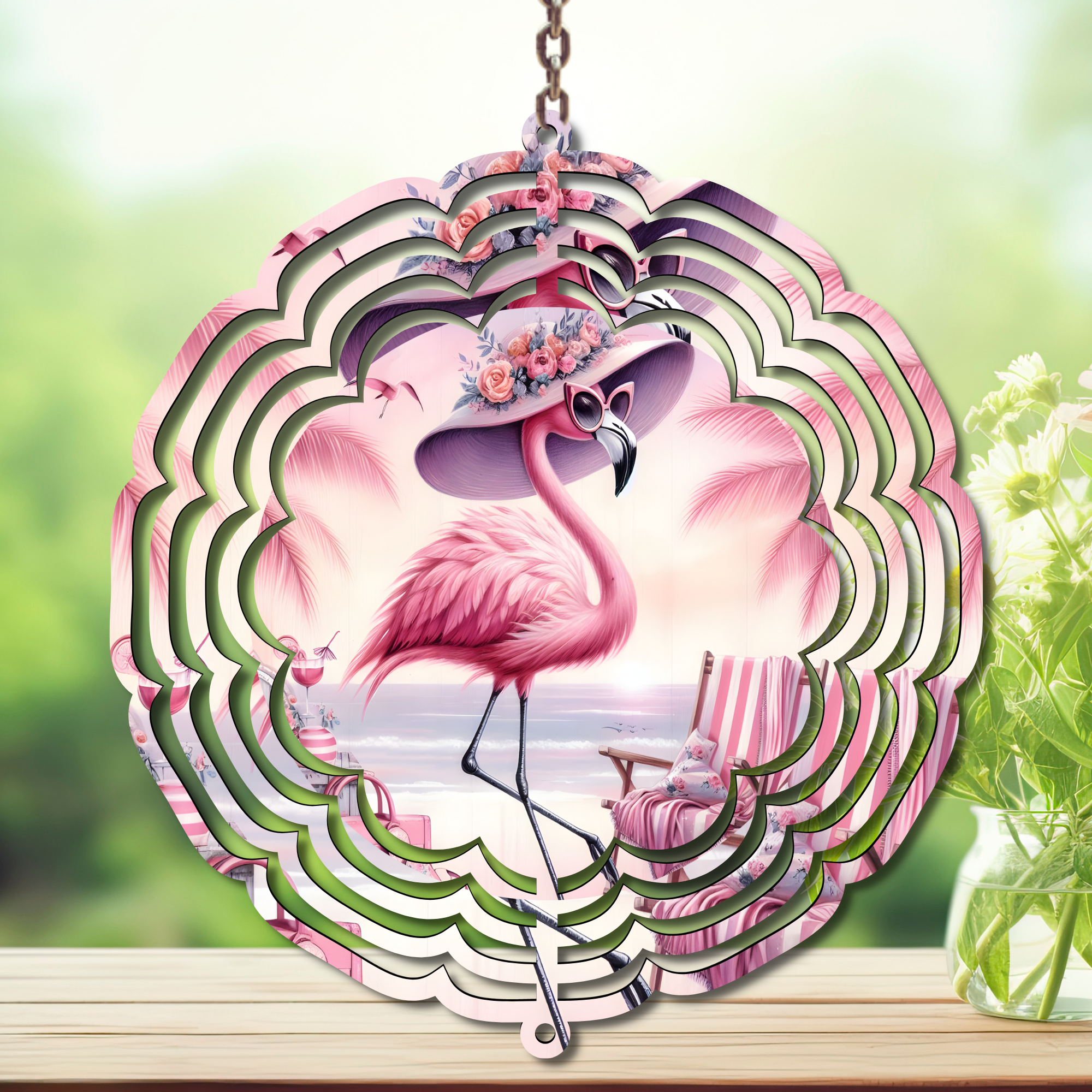 Flamingo Daydream Aluminum Metal Wind Spinner, multiple images available.