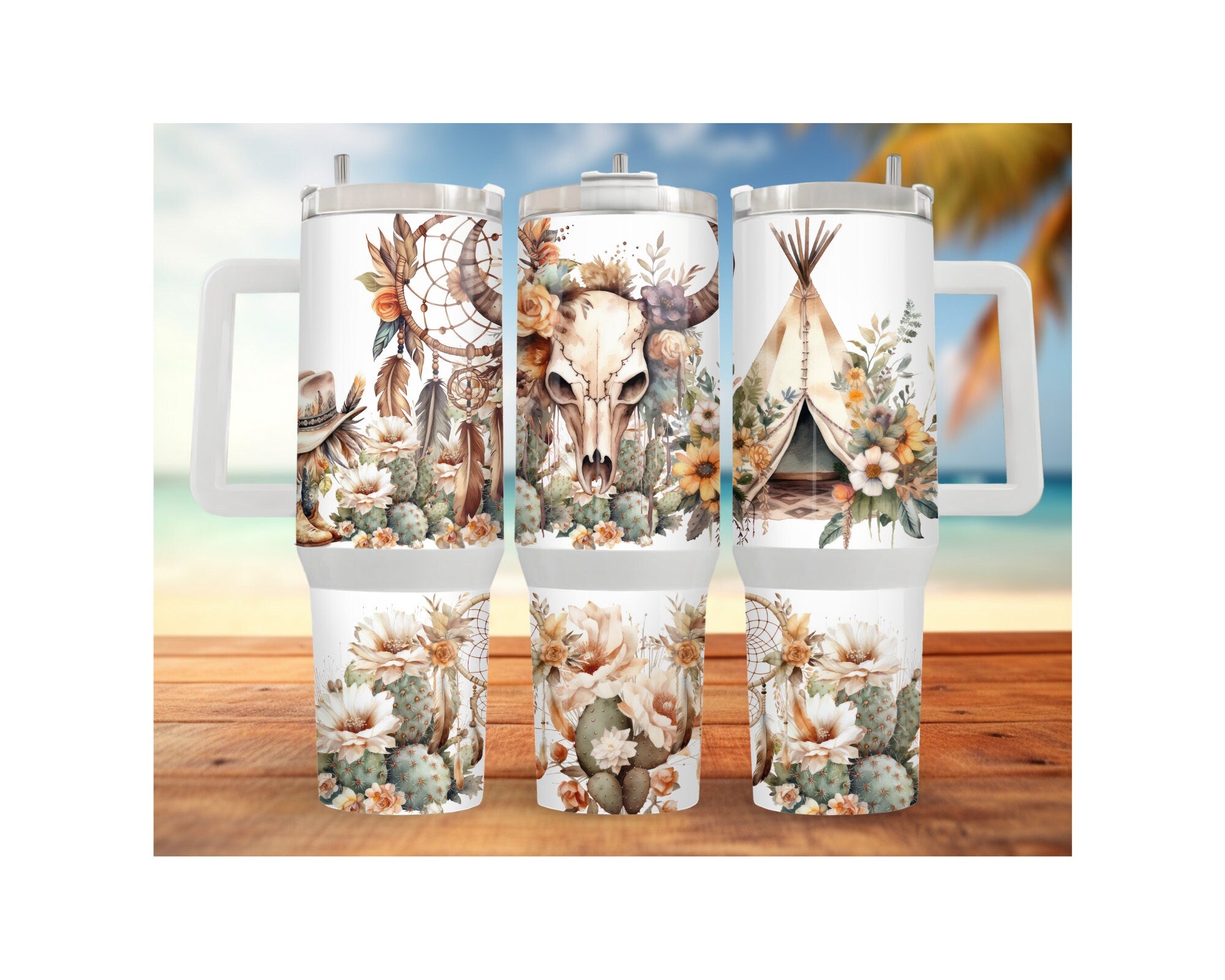 Western Boho cow Skull Stainless Steel Tumblers and mugs Multiple Sizes and Images Available