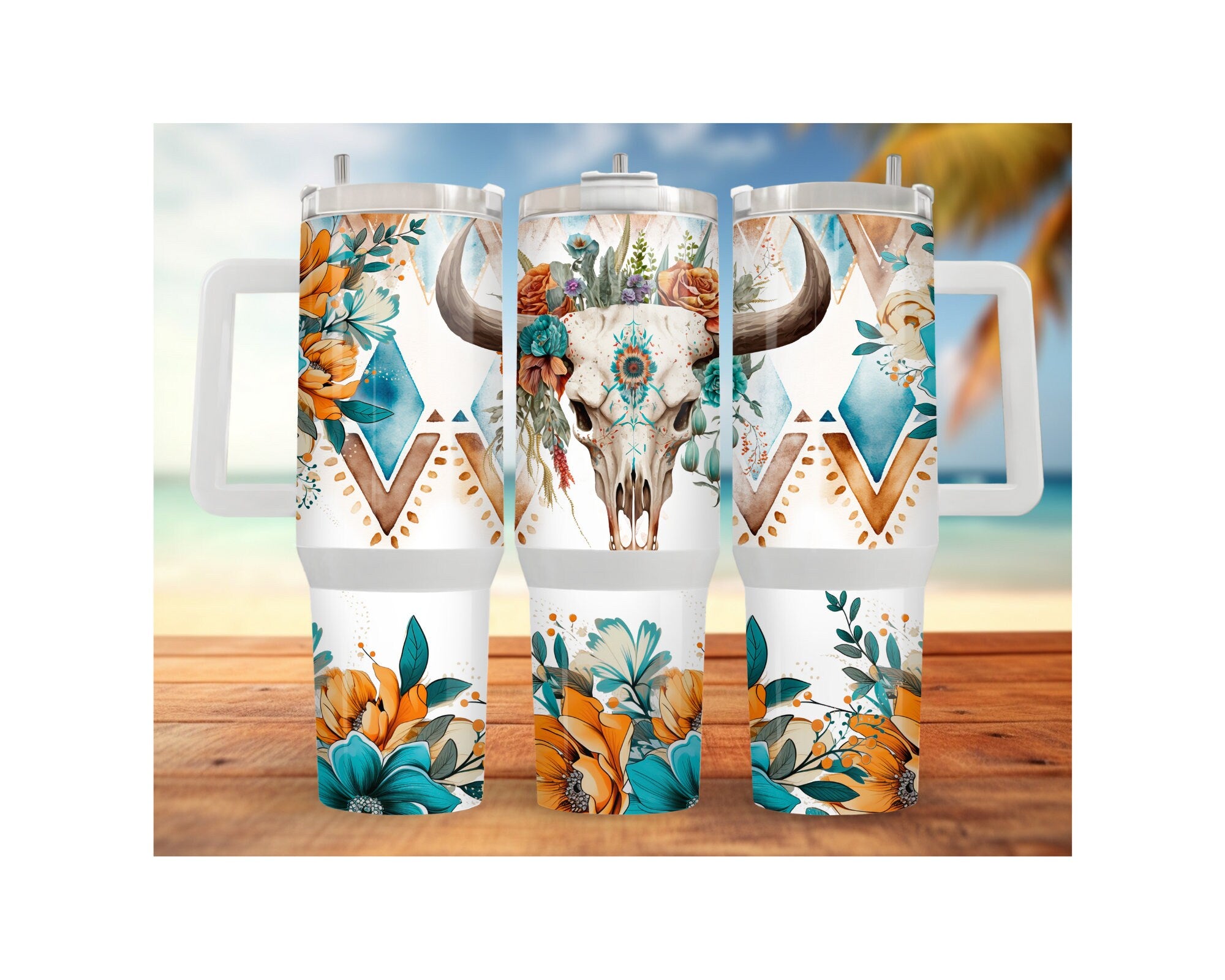 Western Boho cow Skull Stainless Steel Tumblers and mugs Multiple Sizes and Images Available