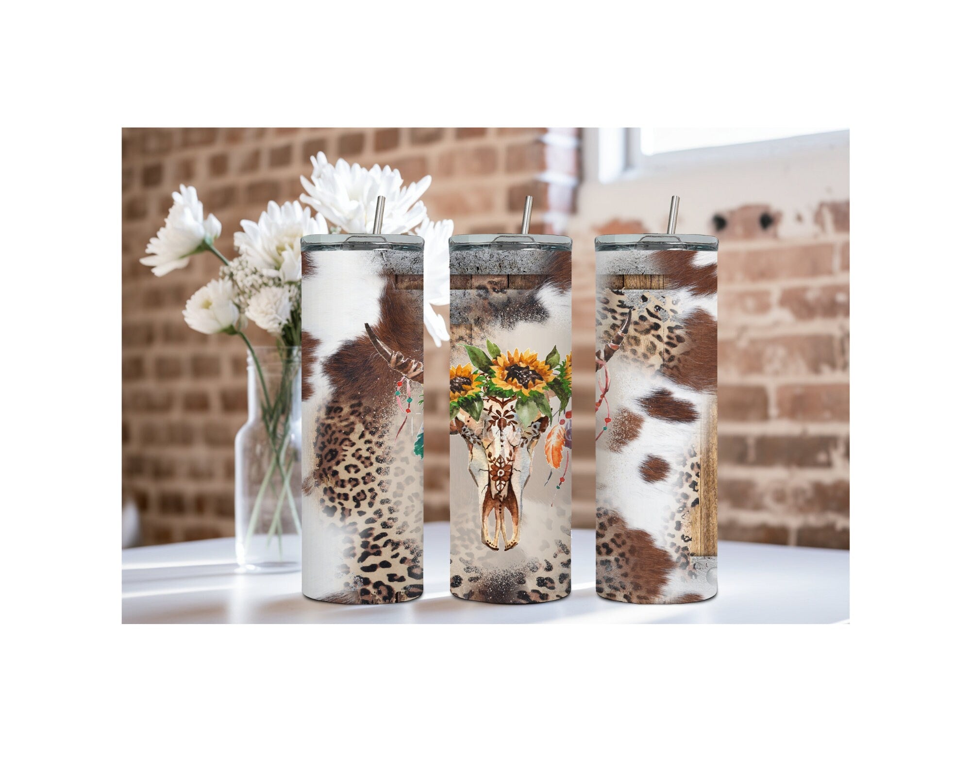 Western Boho cow Skull Stainless Steel Tumblers and mugs Multiple Sizes and Images Available