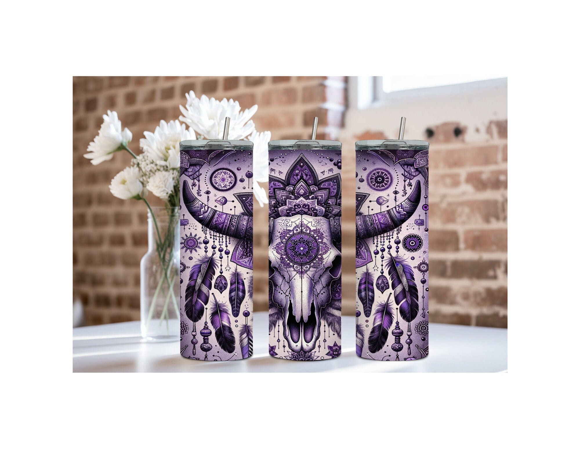 Western Boho cow Skull Stainless Steel Tumblers and mugs Multiple Sizes and Images Available