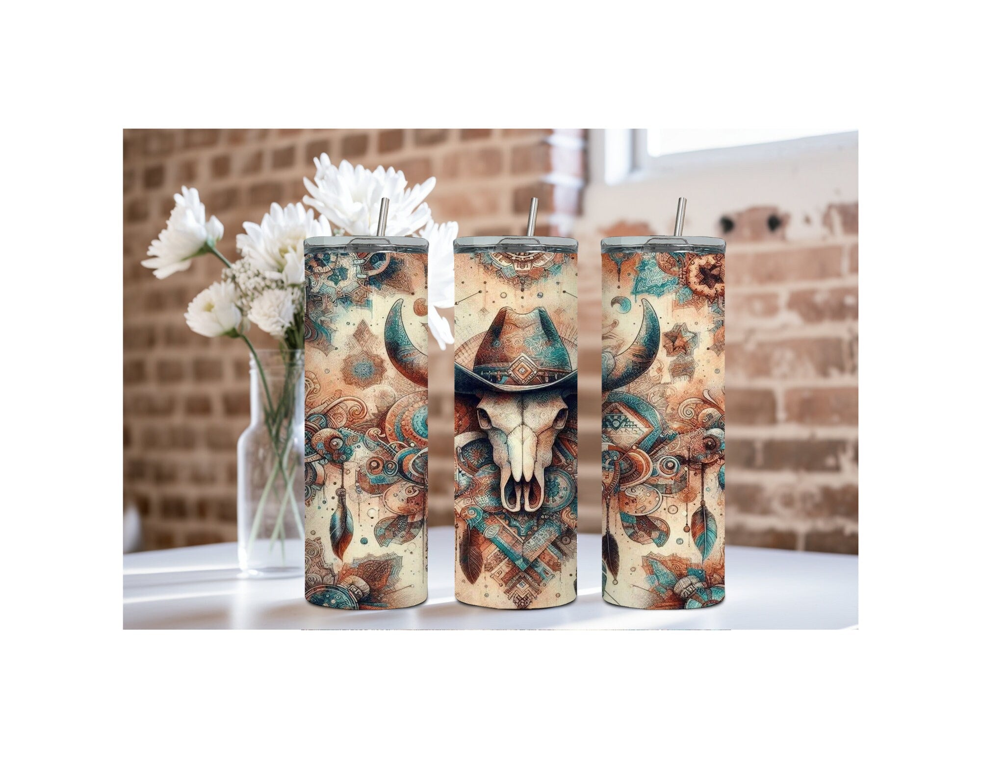 Western Boho cow Skull Stainless Steel Tumblers and mugs Multiple Sizes and Images Available