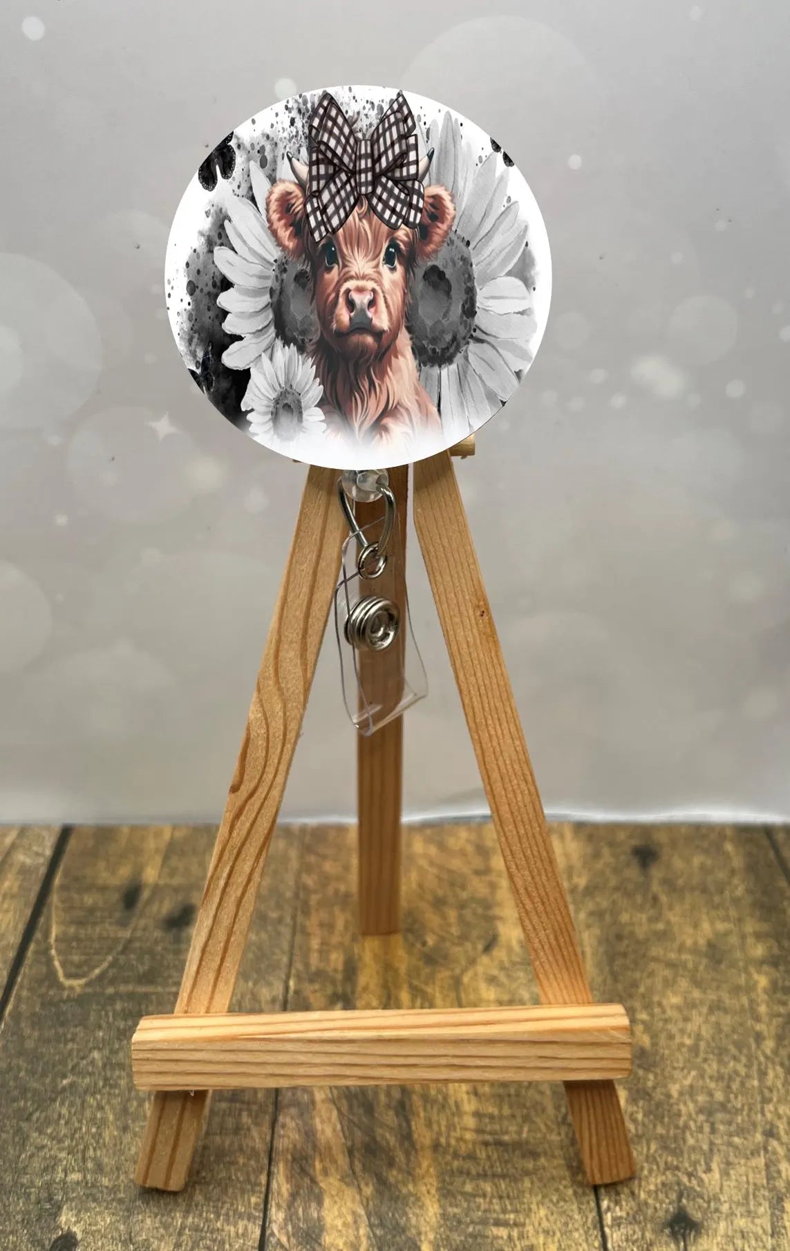 Highland Cow badge pulls. Brighten your shift, one cow at a time. Multiple Images available. Add beads or shimmer glitter options.