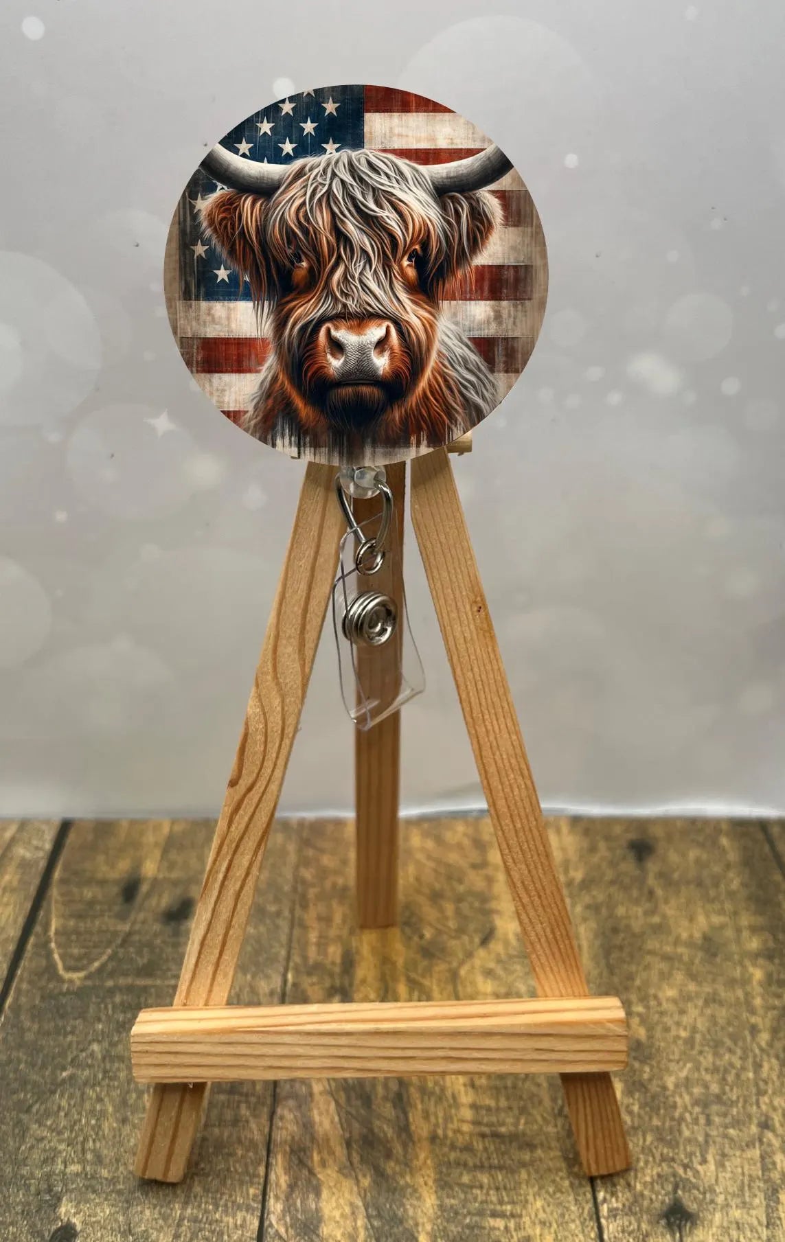 Highland Cow badge pulls. Brighten your shift, one cow at a time. Multiple Images available. Add beads or shimmer glitter options.